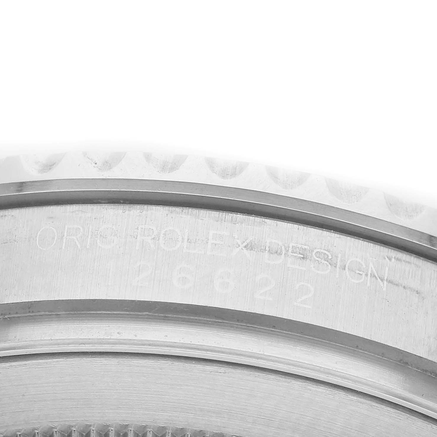 The image shows a close-up of the bezel and engraved serial number on a Rolex Yacht-Master 126622 Men's Stainless Steel Grey Dial watch.