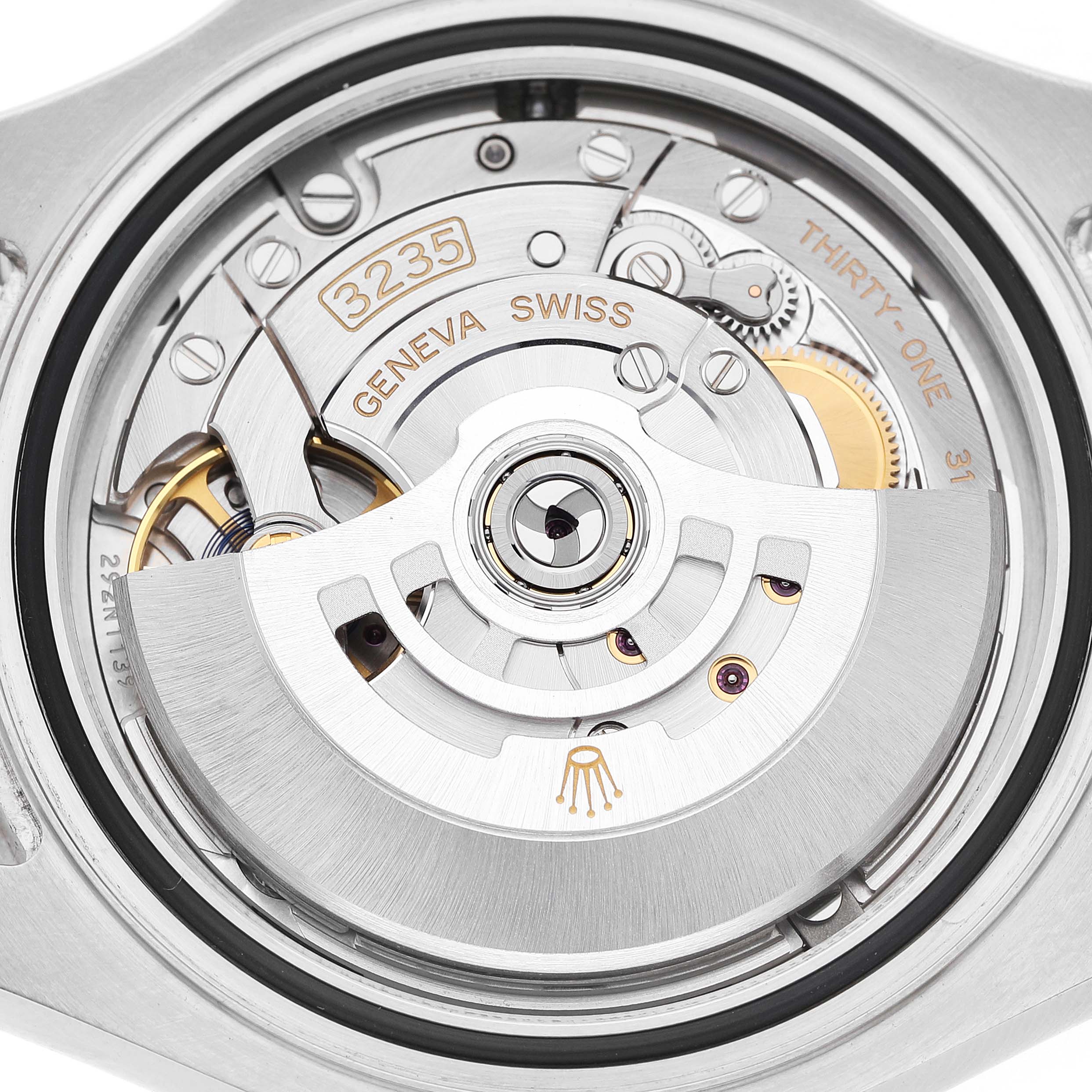 The image shows the back view of a Rolex Yacht-Master 126622 Men's Stainless Steel Grey Dial watch, highlighting its intricate movement and rotor.