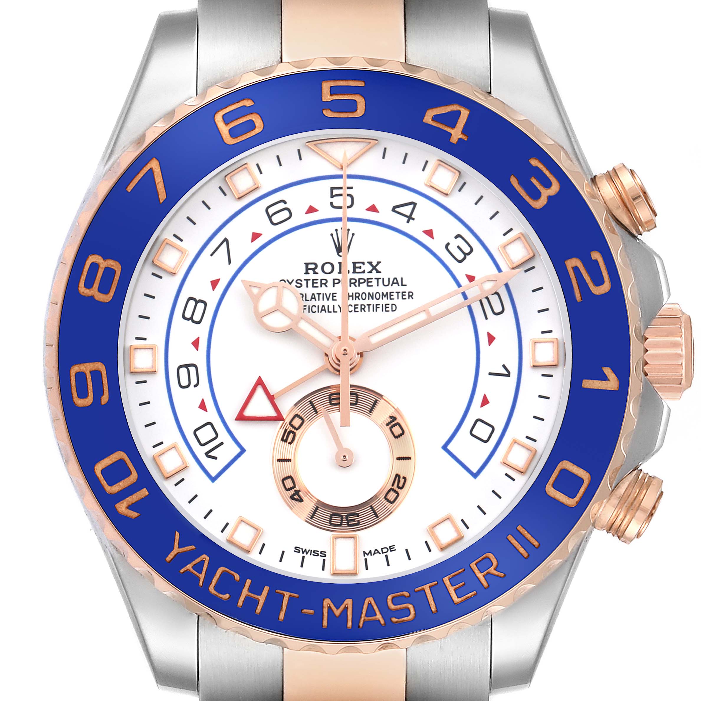 The Rolex Yacht-Master 116681 Men
s Steel and Gold (two tone) White Dial 116681 Men
s Steel and Gold (two tone) White Dial II watch is shown from a front angle, highlighting the dial, bezel, and crown.