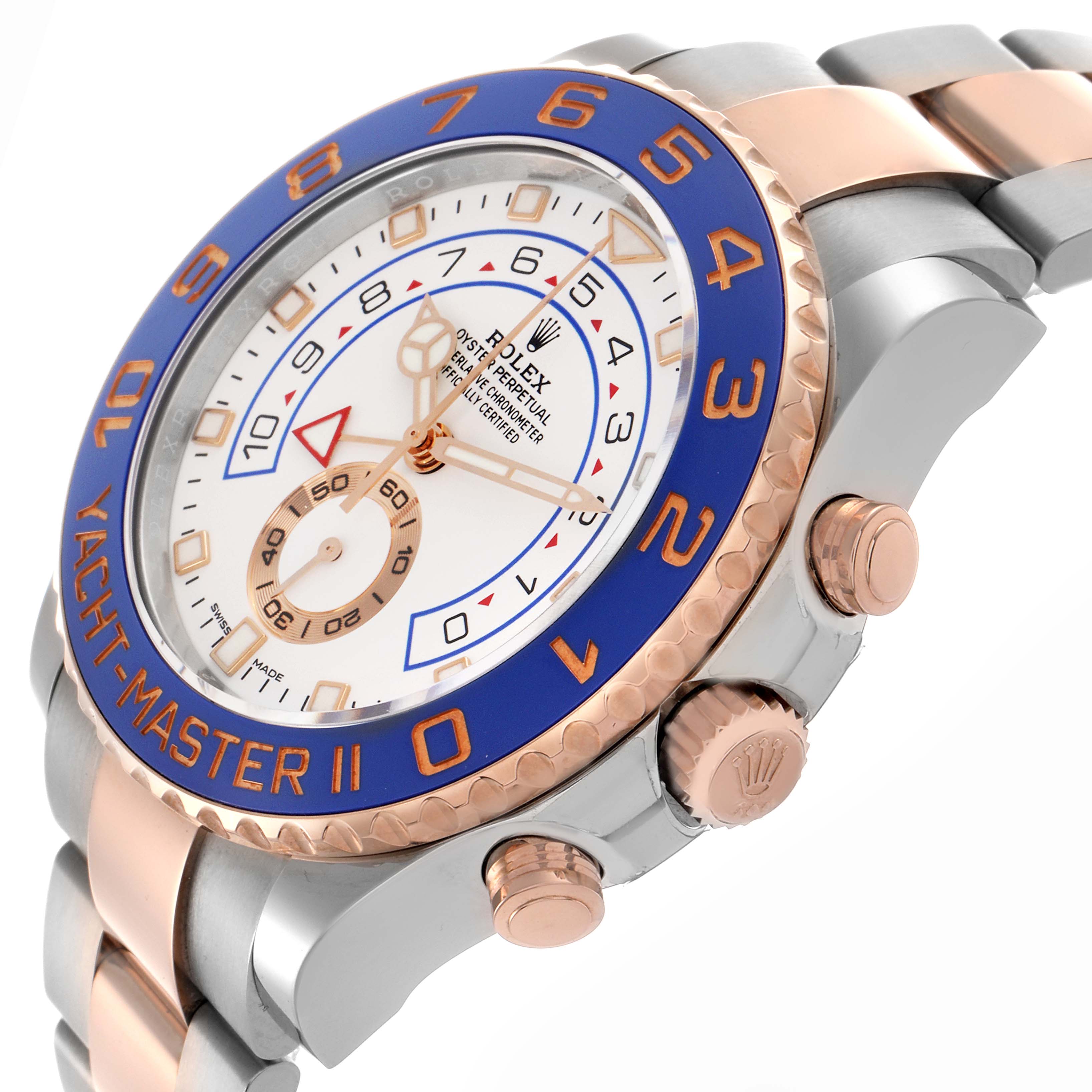 The Rolex Yacht-Master 116681 Men
s Steel and Gold (two tone) White Dial 116681 Men
s Steel and Gold (two tone) White Dial II is shown at an angled side view, highlighting the bezel, crown, pushers, and two-tone bracelet.