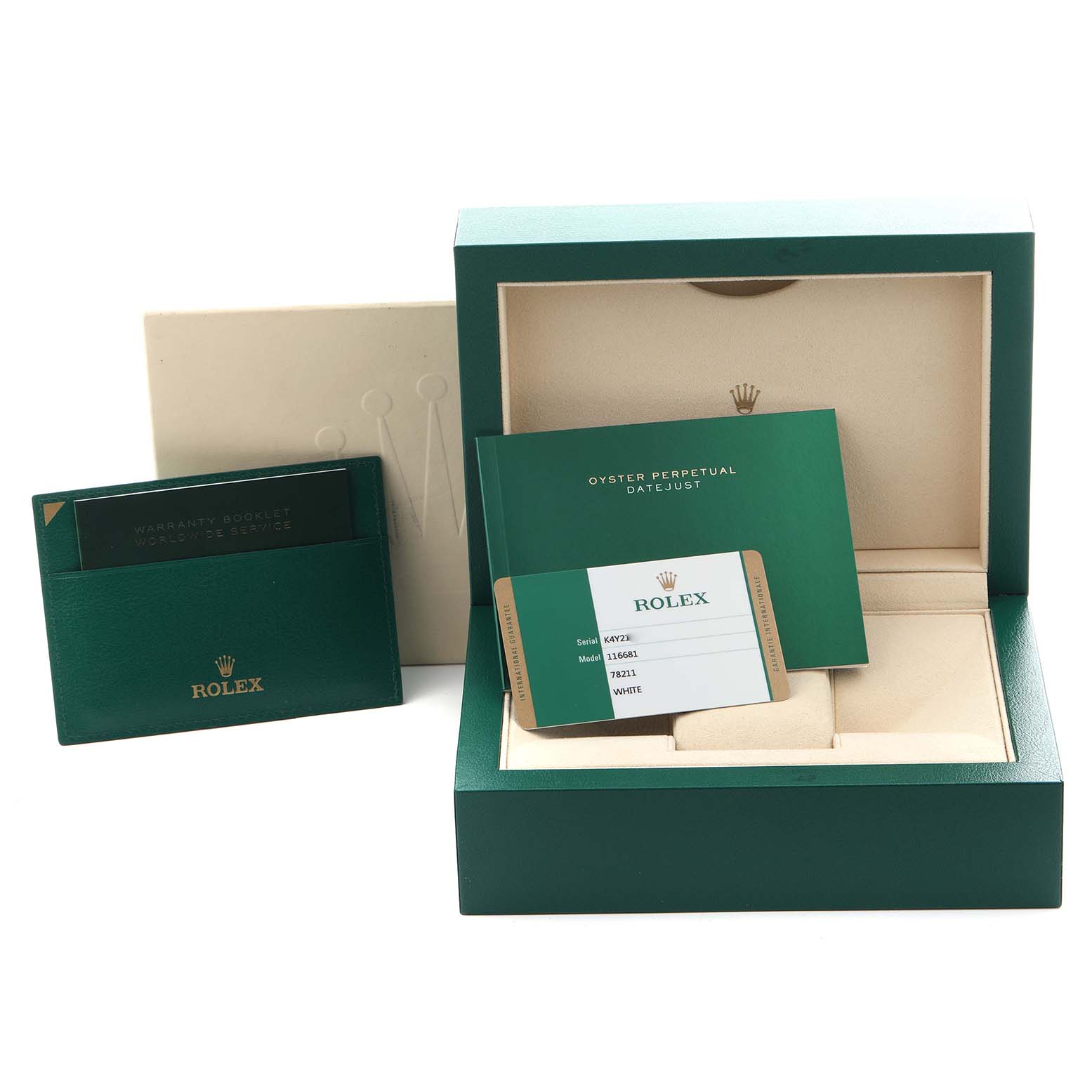 The image shows the Rolex Yacht-Master 116681 Men
s Steel and Gold (two tone) White Dial 116681 Men
s Steel and Gold (two tone) White Dial watch box, warranty booklet, and certification card from a straight angle.