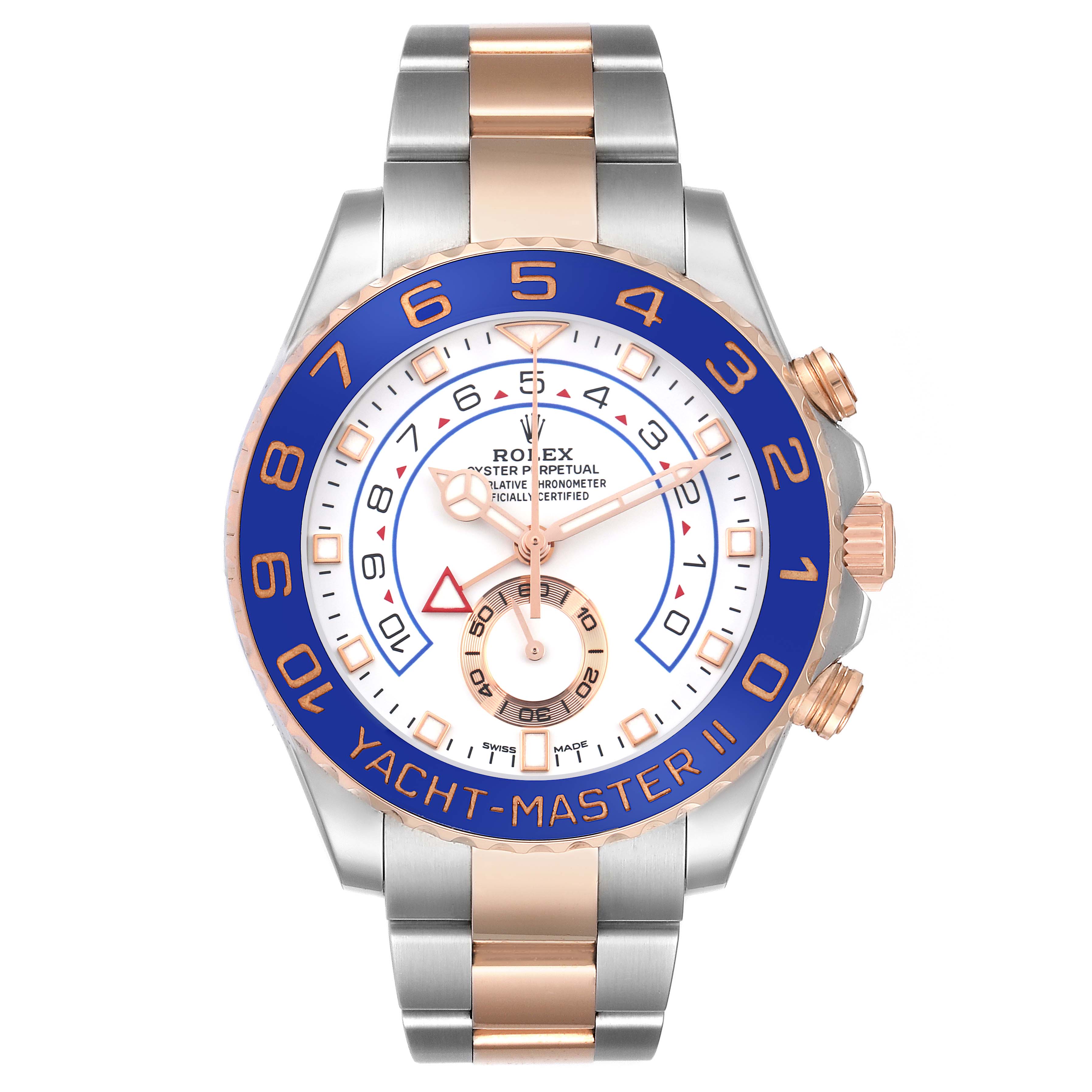 The Rolex Yacht-Master 116681 Men
s Steel and Gold (two tone) White Dial 116681 Men
s Steel and Gold (two tone) White Dial watch is shown from a top view, displaying the bezel, dial, hands, crown, and bracelet.
