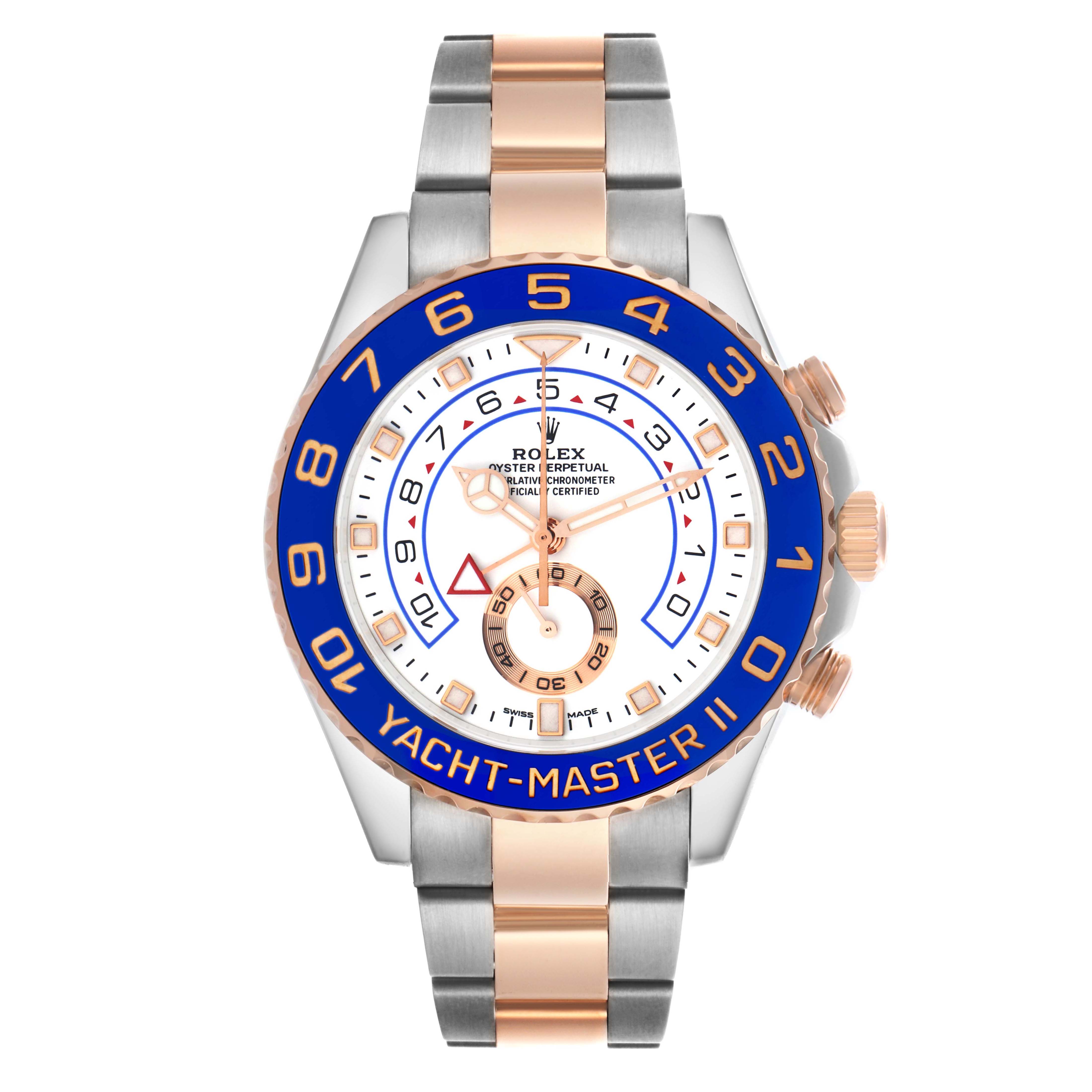 The Rolex Yacht-Master 116681 Men's Steel and Gold (two tone) White Dial 116681 Men's Steel and Gold (two tone) White Dial watch is viewed from the front, showing its blue bezel, white dial, and two-tone bracelet.