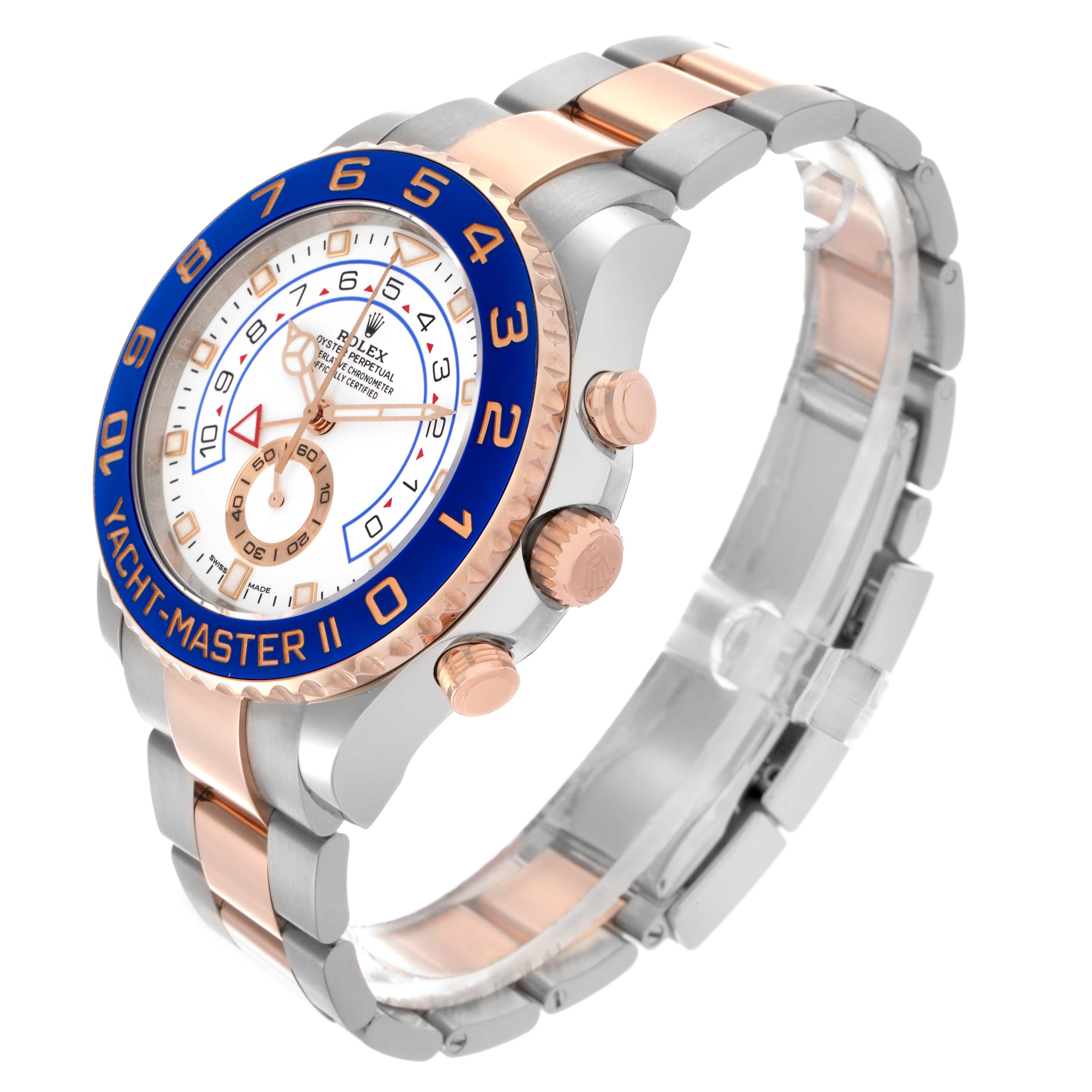 The image shows a Rolex Yacht-Master 116681 Men's Steel and Gold (two tone) White Dial 116681 Men's Steel and Gold (two tone) White Dial model at a 3/4 angle, displaying the bezel, crown, pushers, and bracelet.