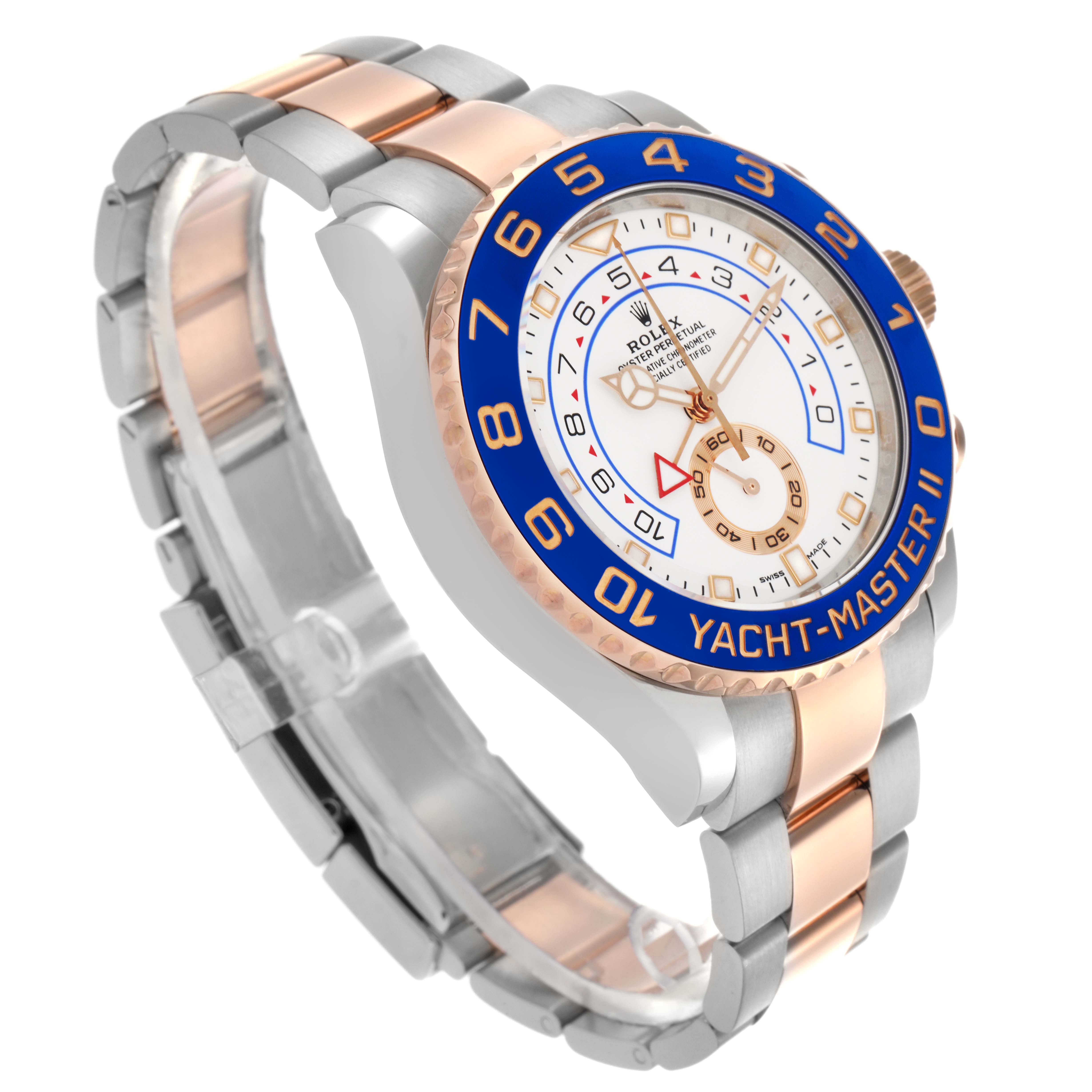 The Rolex Yacht-Master 116681 Men's Steel and Gold (two tone) White Dial 116681 Men's Steel and Gold (two tone) White Dial watch is shown at an angle highlighting the face, bezel, and part of the bracelet.