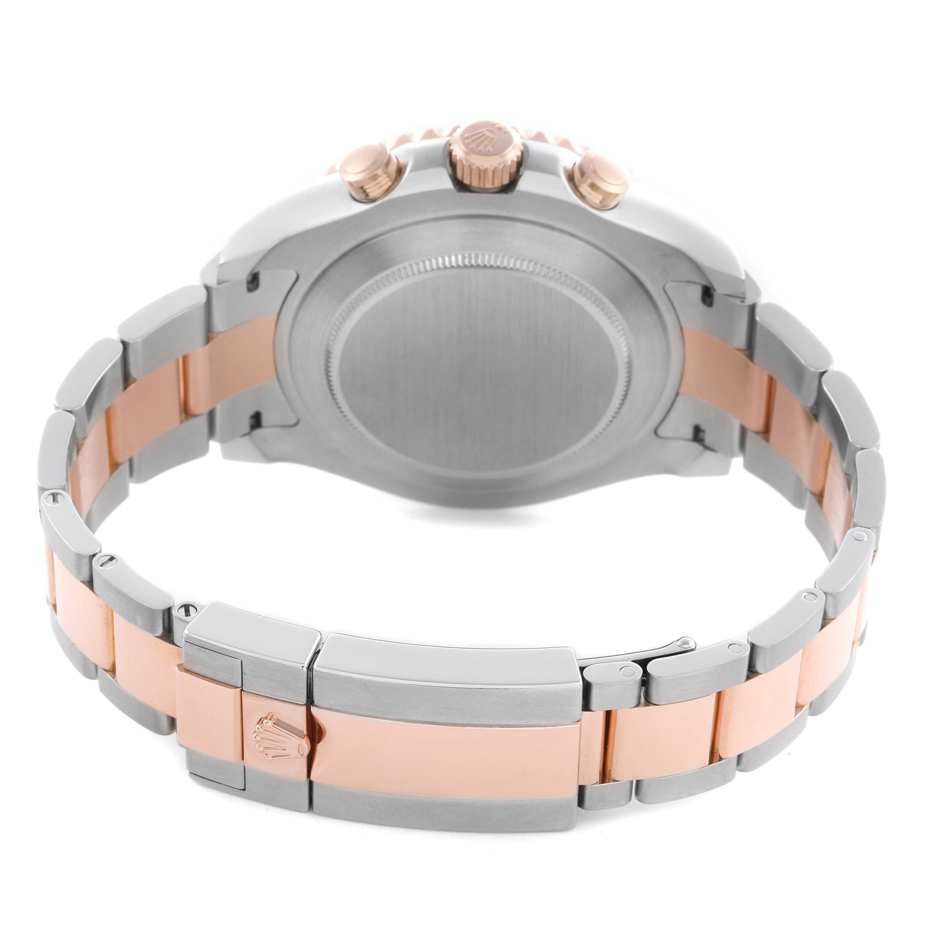 The image shows the back view of a Rolex Yacht-Master 116681 Men's Steel and Gold (two tone) White Dial 116681 Men's Steel and Gold (two tone) White Dial watch, highlighting the case, bracelet, clasp, and crown.