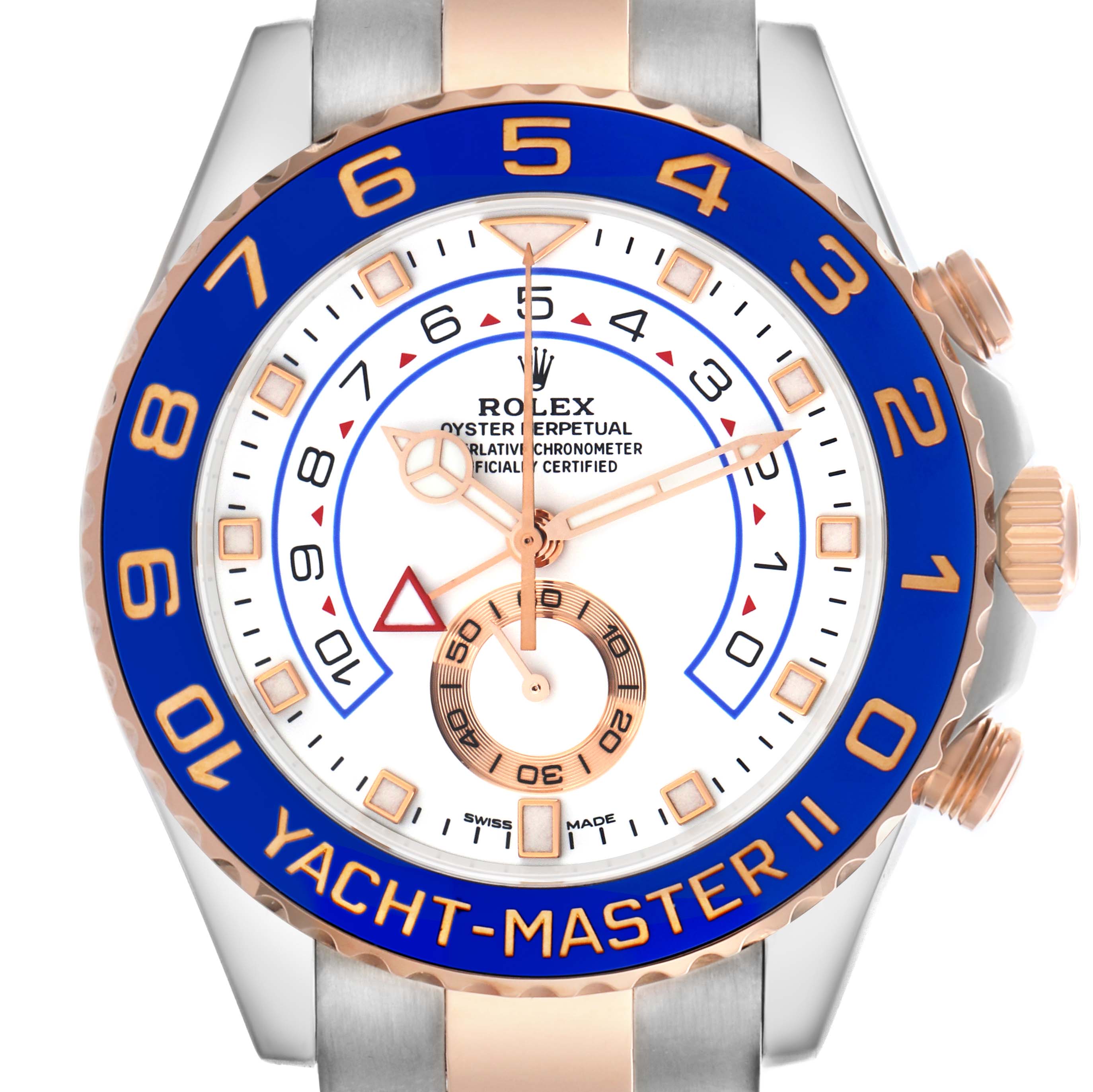 The image shows a front view of a Rolex Yacht-Master 116681 Men's Steel and Gold (two tone) White Dial 116681 Men's Steel and Gold (two tone) White Dial II watch, highlighting the dial, bezel, and crown.