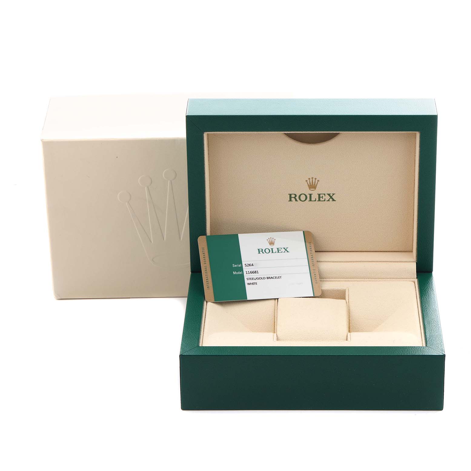 The image shows the open box and card of a Rolex Yacht-Master 116681 Men's Steel and Gold (two tone) White Dial 116681 Men's Steel and Gold (two tone) White Dial watch, revealing storage compartments and branding.