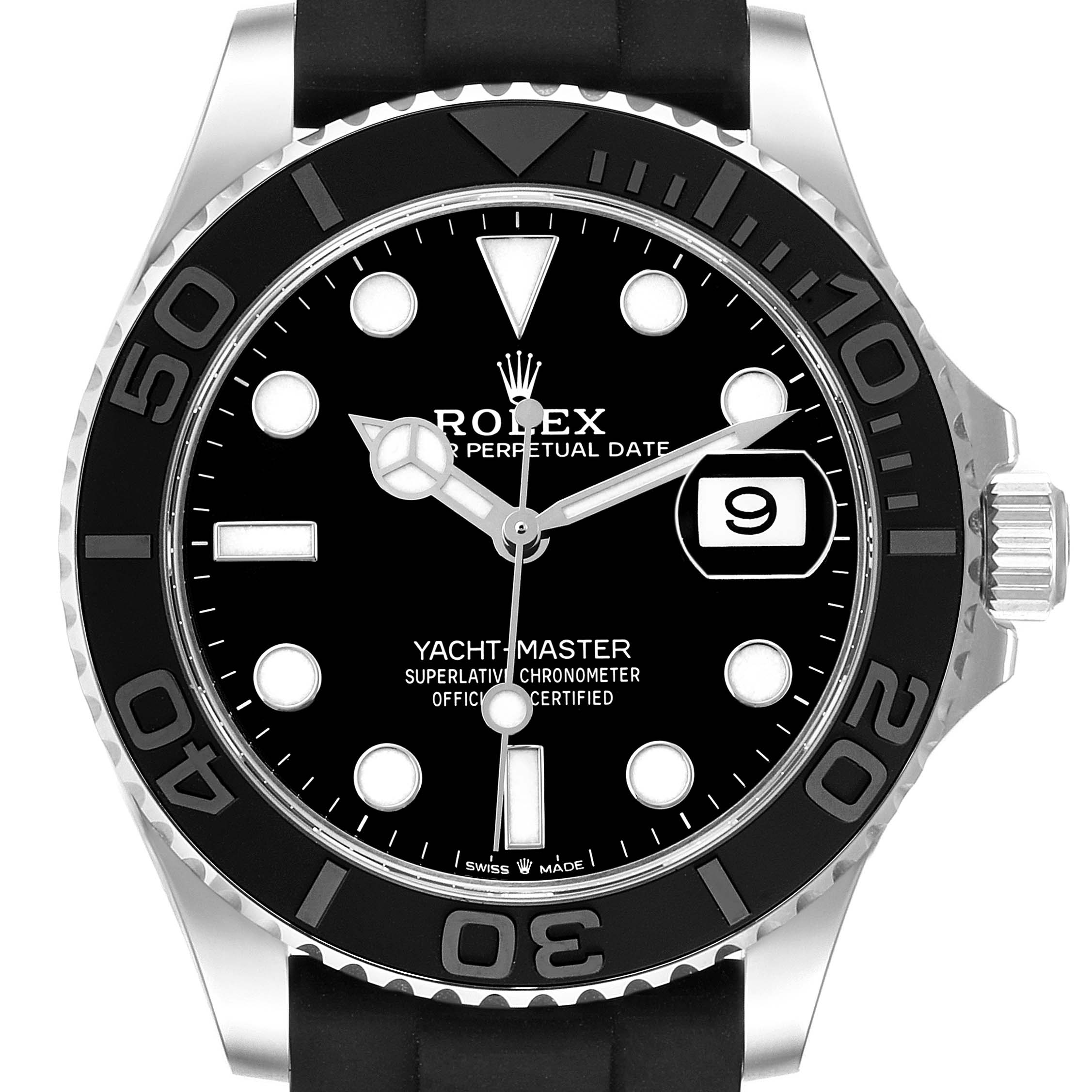 The image shows a front view of the Rolex Yacht-Master 226659 Men's White Gold Black Dial watch, displaying the bezel, dial, hands, and date window.