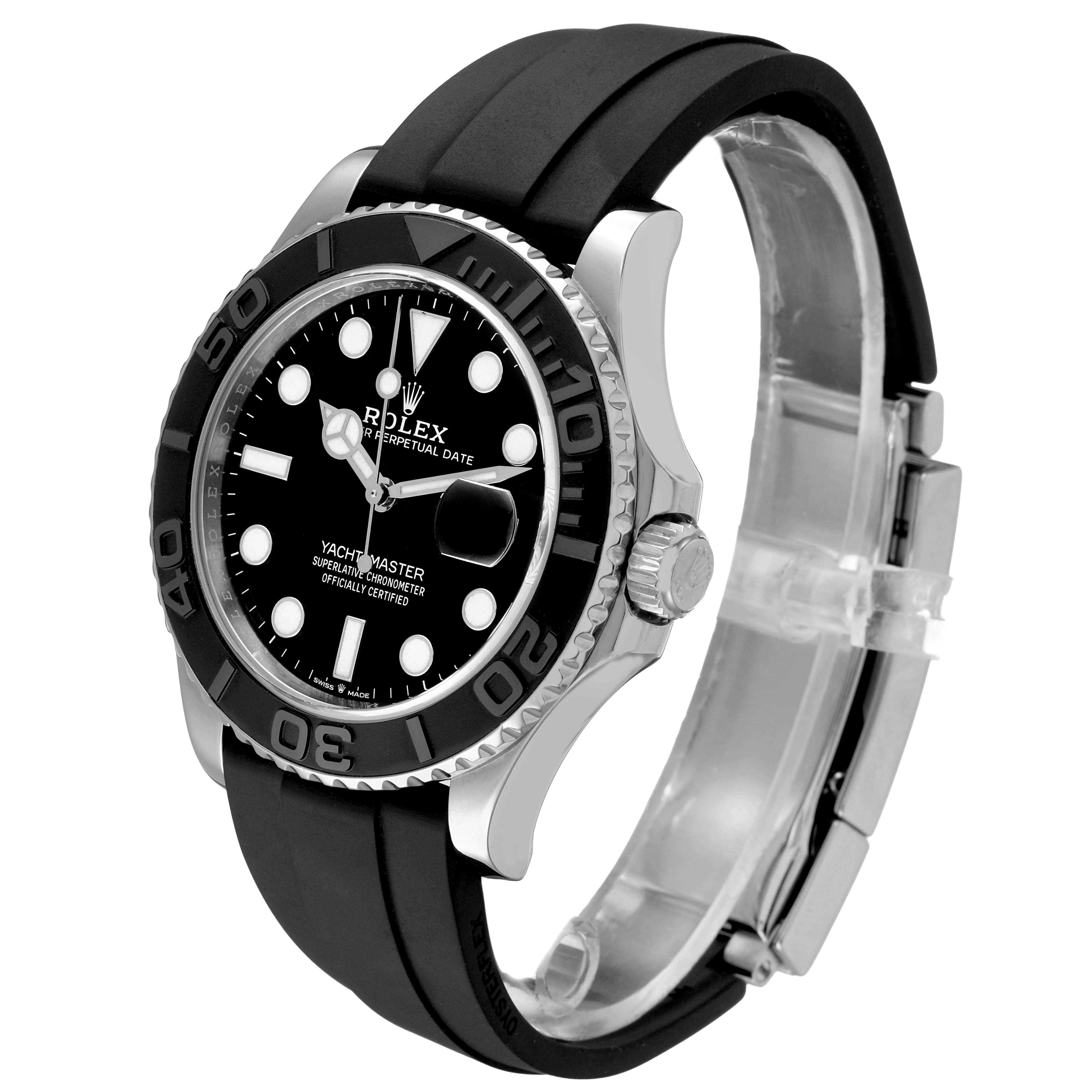 The Rolex Yacht-Master 226659 Men's White Gold Black Dial is shown at an angle highlighting the dial, bezel, and rubber strap, viewed from the front-left side.