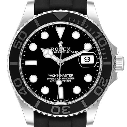 The Rolex Yacht-Master 226659 Men's White Gold Black Dial watch is shown from the front, displaying the bezel, dial, hands, markers, and date window.