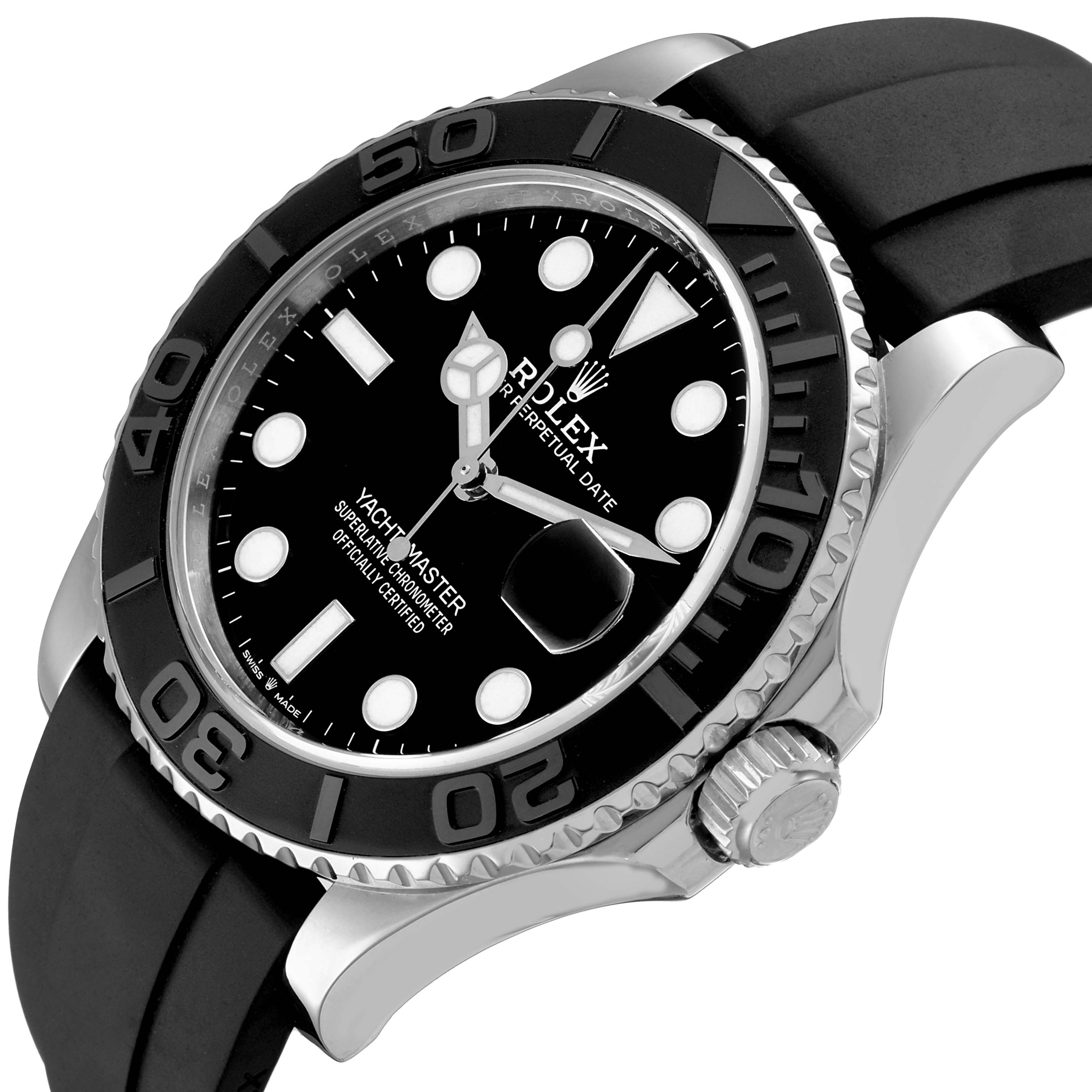 The Rolex Yacht-Master 226659 Men's White Gold Black Dial watch is shown at an angled side view, displaying the face, bezel, crown, and rubber strap.