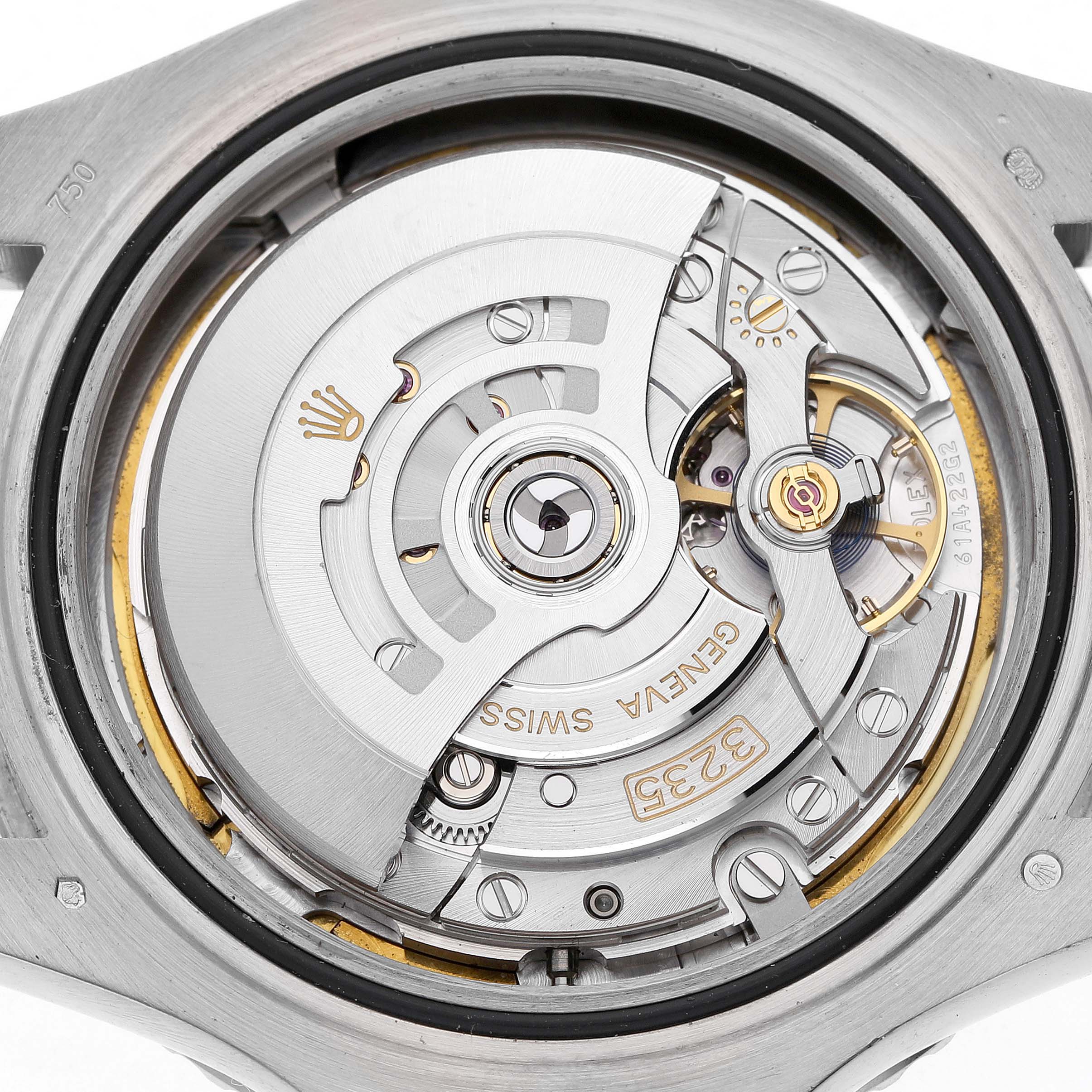 The image shows the movement of a Rolex Yacht-Master 226659 Men's White Gold Black Dial watch from a top-down angle, highlighting its internal mechanics.