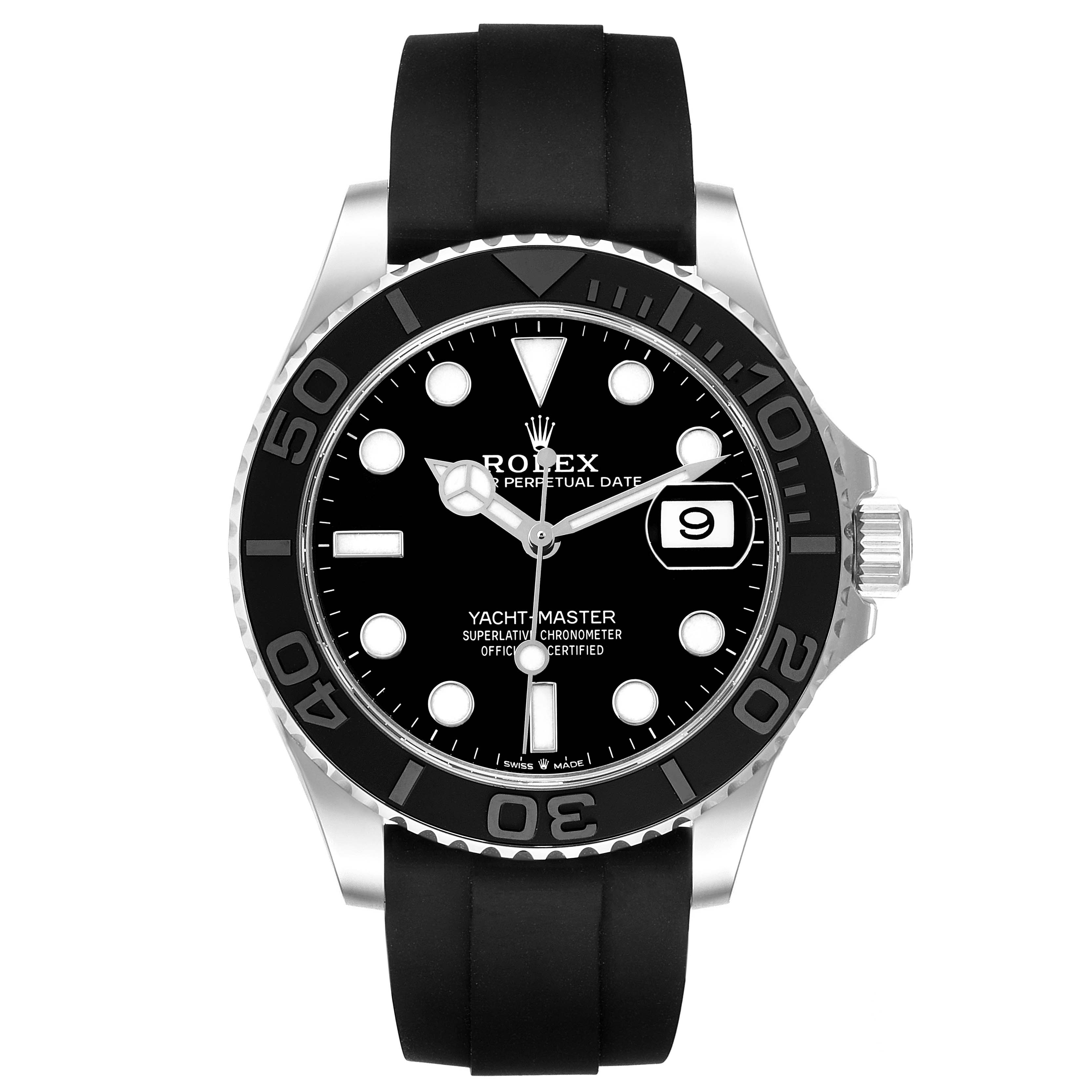 The Rolex Yacht-Master 226659 Men's White Gold Black Dial is shown from a front angle, displaying its bezel, dial, and rubber strap.