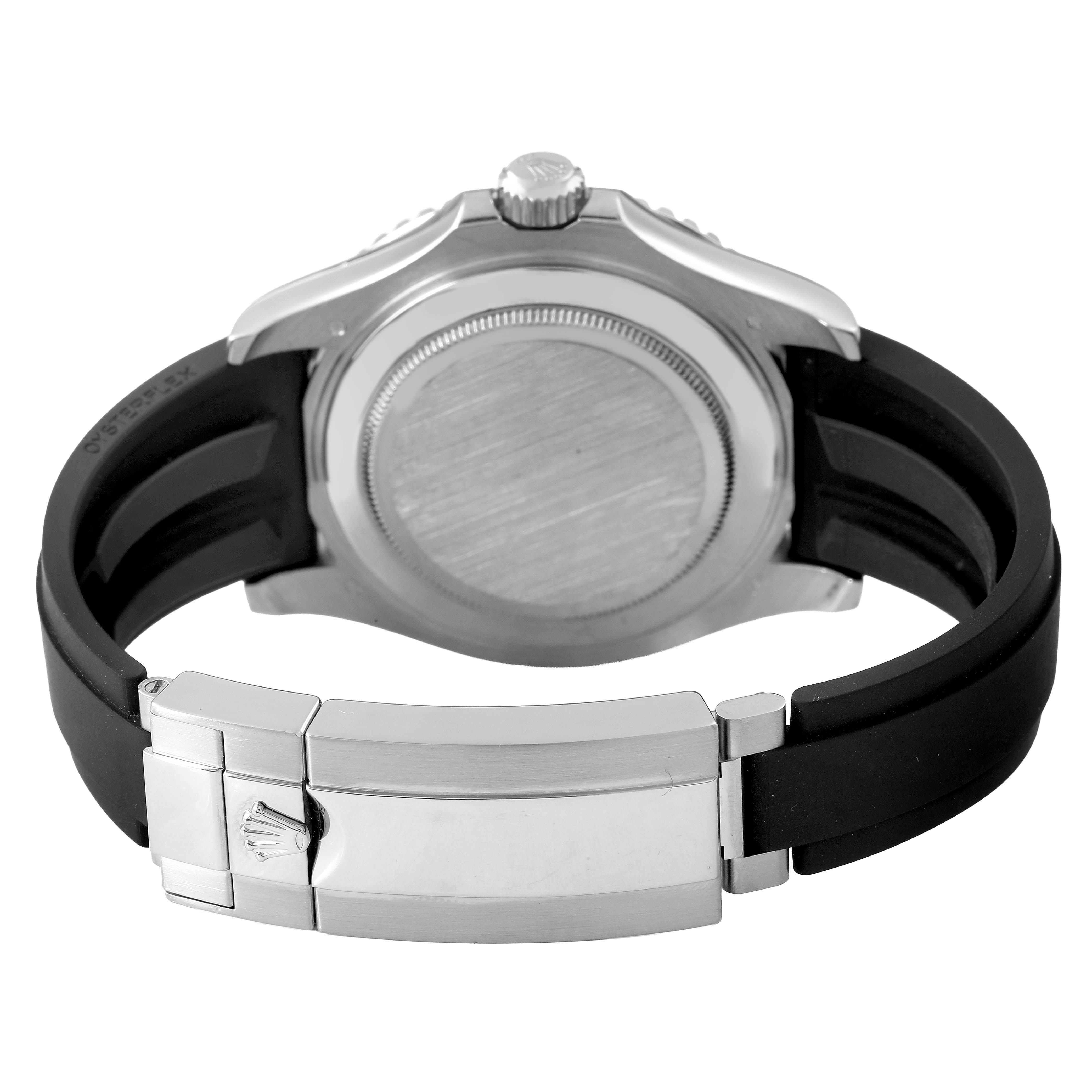 The image shows the back and clasp of a Rolex Yacht-Master 226659 Men's White Gold Black Dial watch, highlighting its case back and rubber strap.