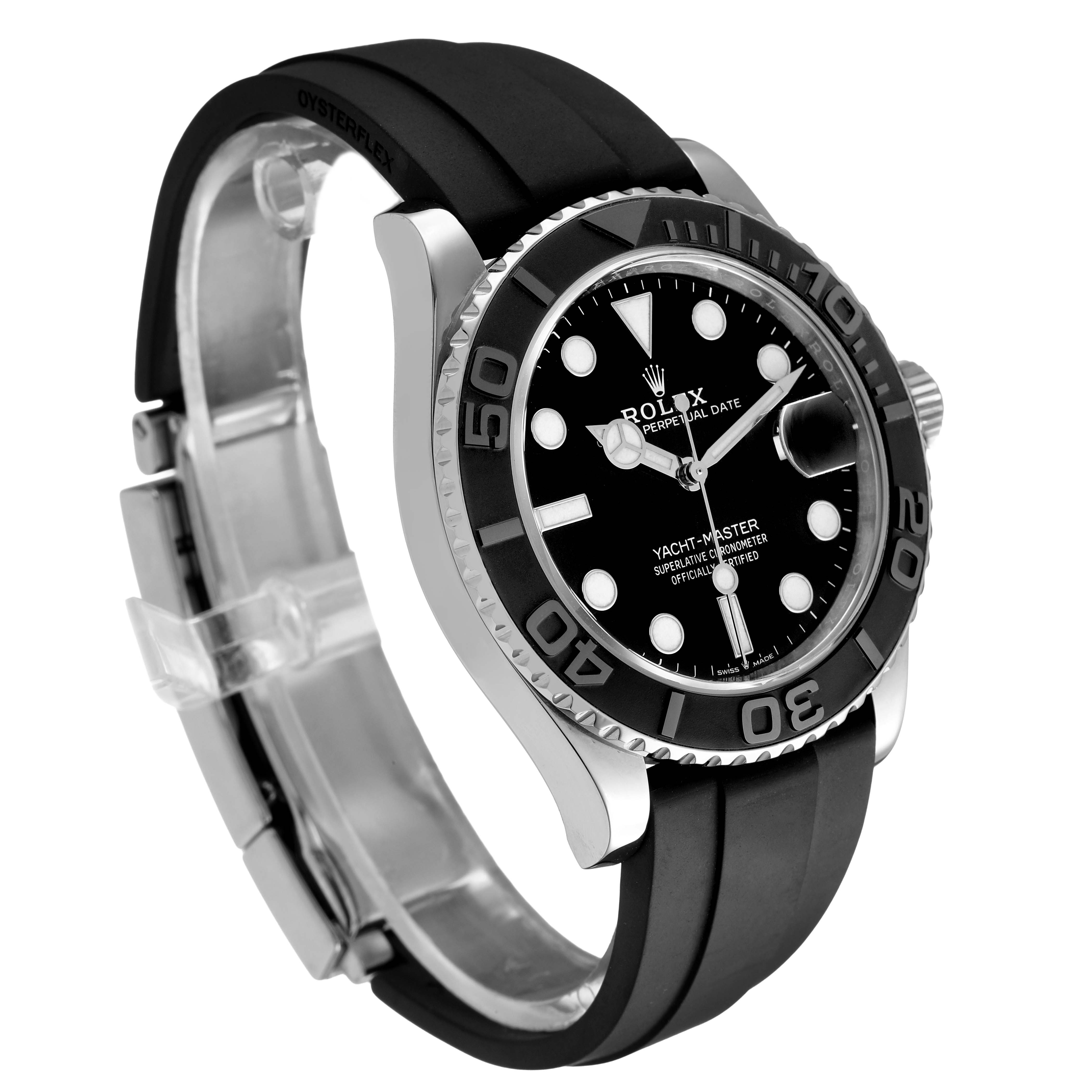 The Rolex Yacht-Master 226659 Men's White Gold Black Dial watch is shown at a side angle, highlighting its bezel, dial, crown, and strap.