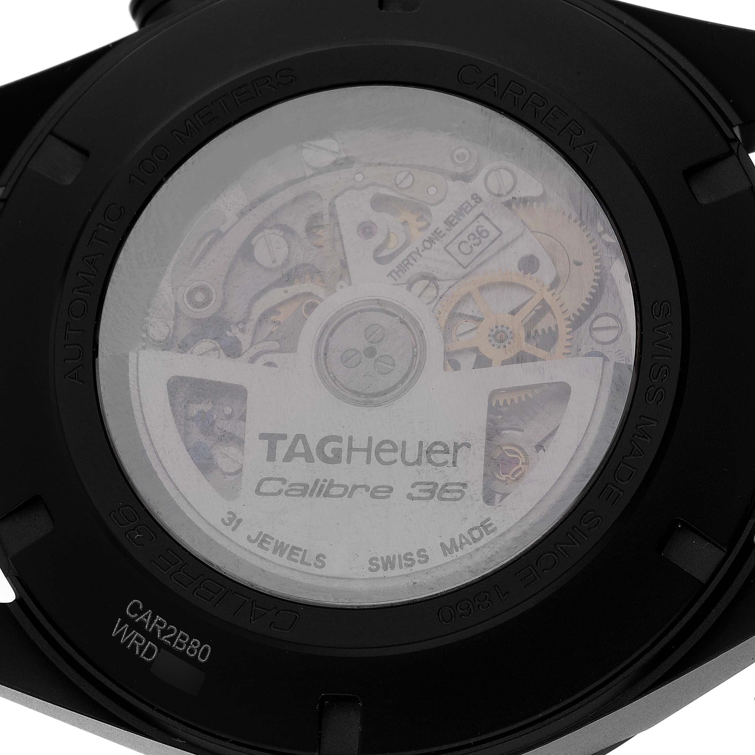 This image shows the back of a Tag Heuer Carrera CAR2B80.FC6325 Men's Titanium Black Dial CAR2B80.FC6325 Men's Titanium Black Dial watch, highlighting the Calibre 36 movement.