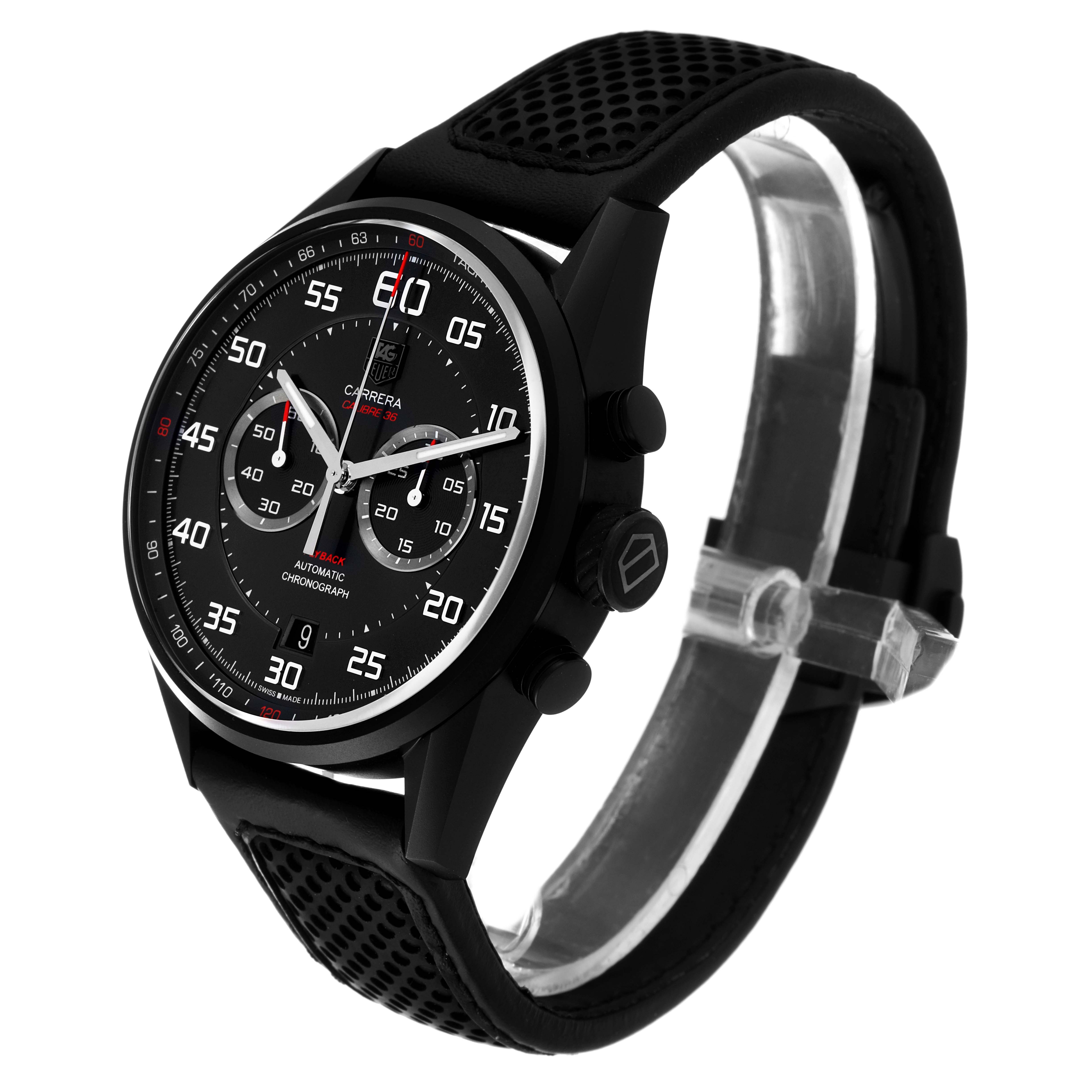 The image shows the front and side view of the Tag Heuer Carrera CAR2B80.FC6325 Men's Titanium Black Dial CAR2B80.FC6325 Men's Titanium Black Dial model, highlighting the dial, bezel, and strap.