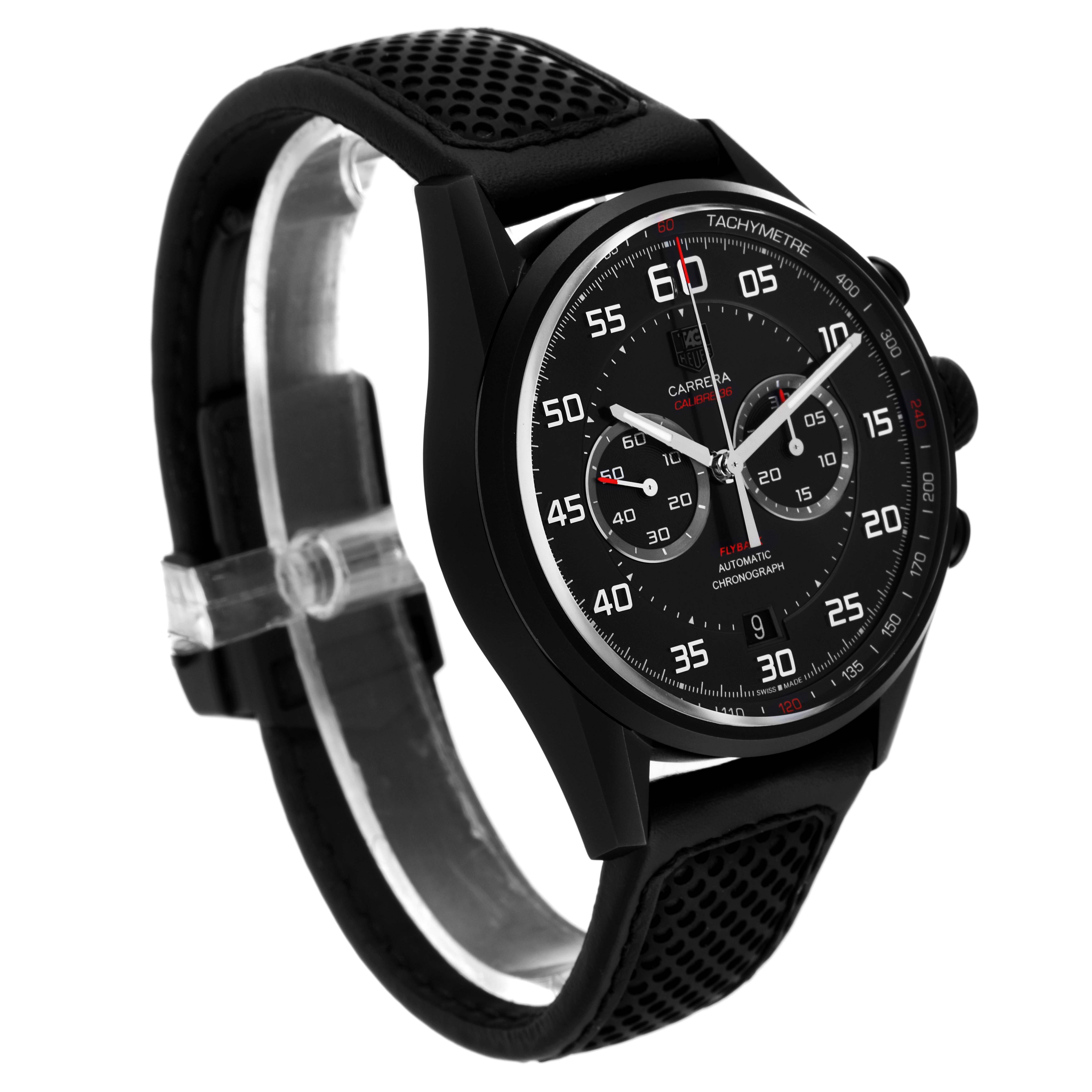 The Tag Heuer Carrera CAR2B80.FC6325 Men's Titanium Black Dial CAR2B80.FC6325 Men's Titanium Black Dial model watch is shown at a slight angle, displaying the face, strap, and side buttons.