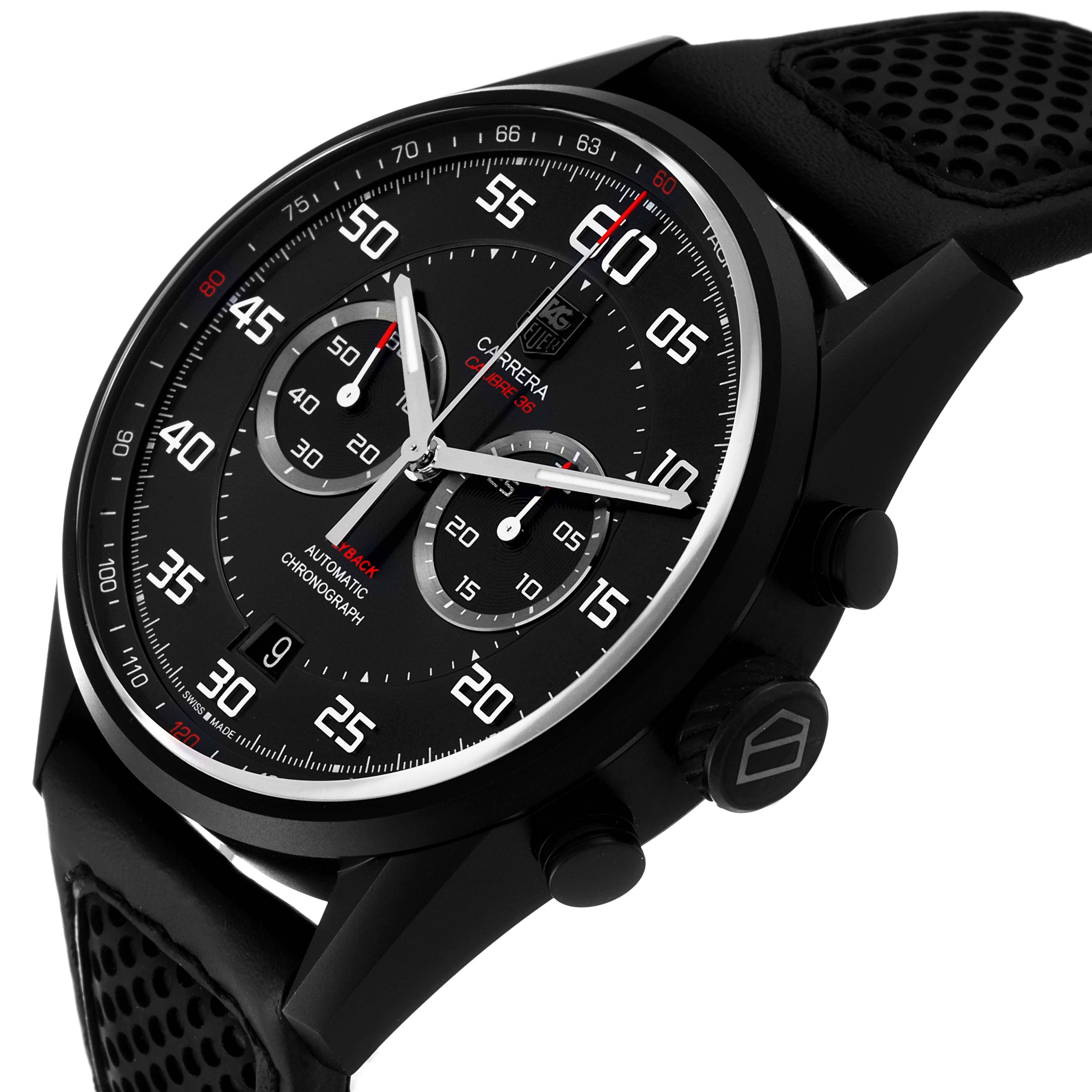 The image shows a side close-up angle of a Tag Heuer Carrera CAR2B80.FC6325 Men's Titanium Black Dial CAR2B80.FC6325 Men's Titanium Black Dial model watch, highlighting the face, crown, and push-buttons.