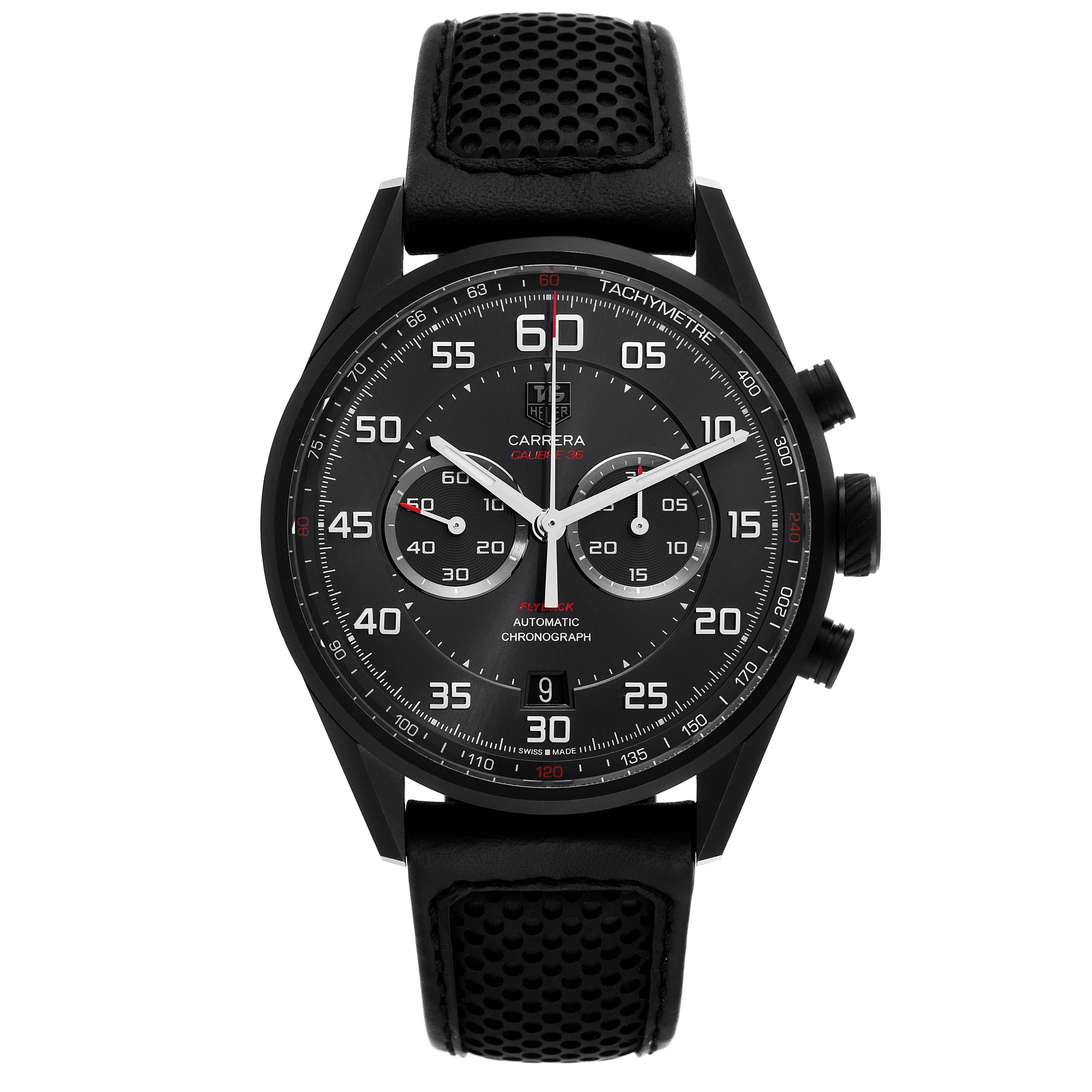 The Tag Heuer Carrera CAR2B80.FC6325 Men's Titanium Black Dial CAR2B80.FC6325 Men's Titanium Black Dial watch is shown from a front view, displaying its black dial, multiple subdials, and tachymeter scale.