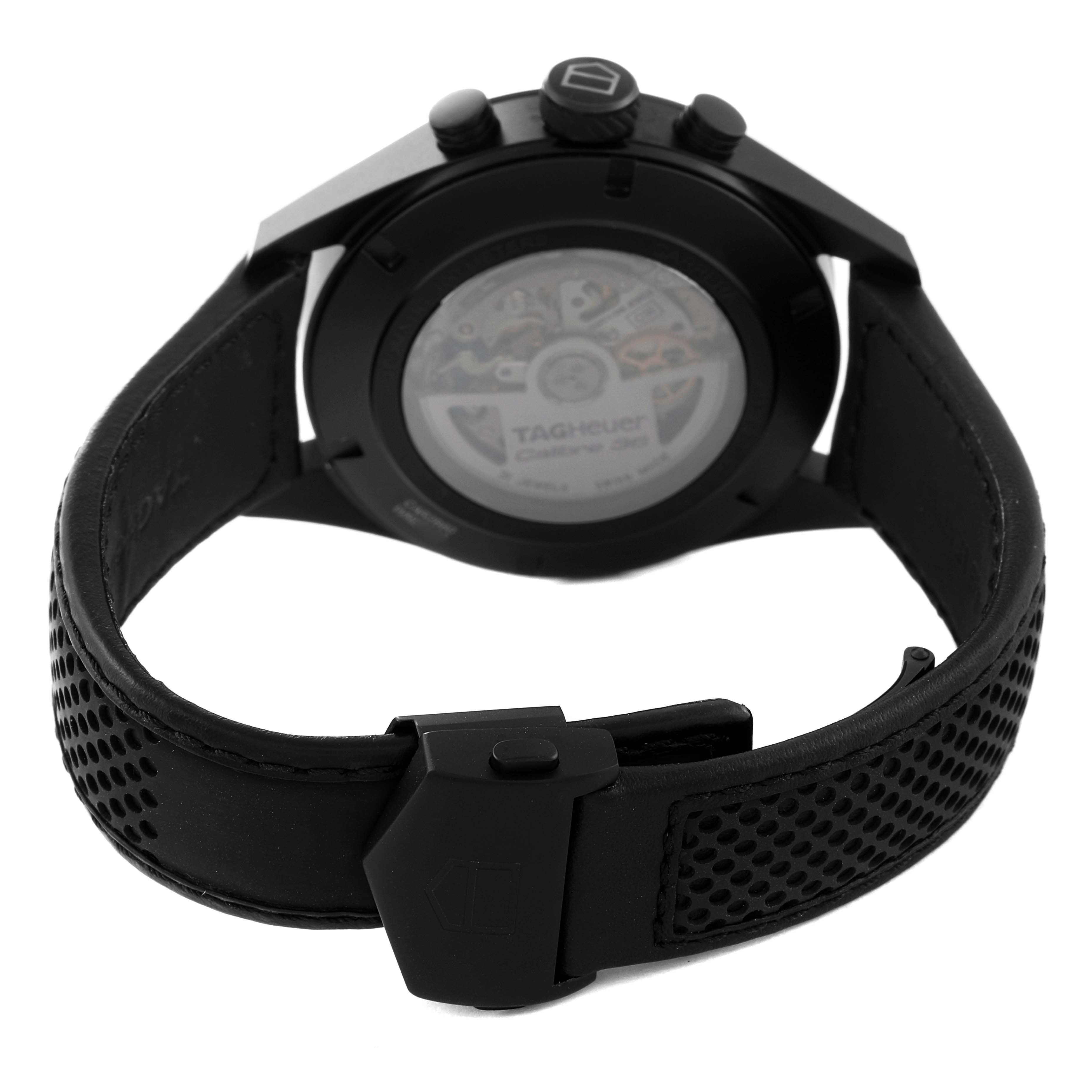 The image shows the back view of the Tag Heuer Carrera CAR2B80.FC6325 Men's Titanium Black Dial CAR2B80.FC6325 Men's Titanium Black Dial watch, highlighting the case back and black strap.