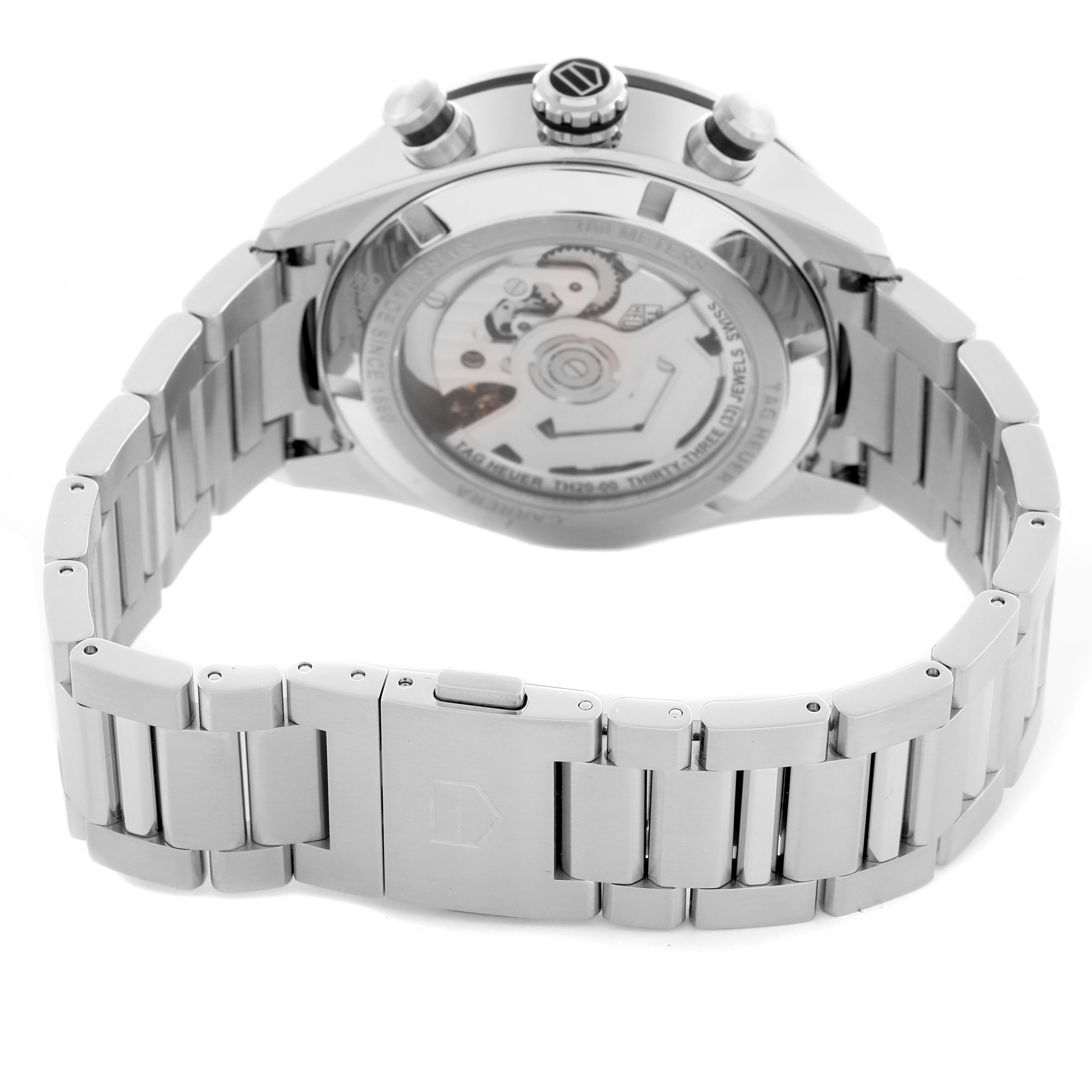 The image shows the back view of the Tag Heuer Carrera CBN2A1A.BA0643 Men's Stainless Steel Blue Dial CBN2A1A.BA0643 Men's Stainless Steel Blue Dial watch, highlighting its transparent case back, bracelet, and clasp.