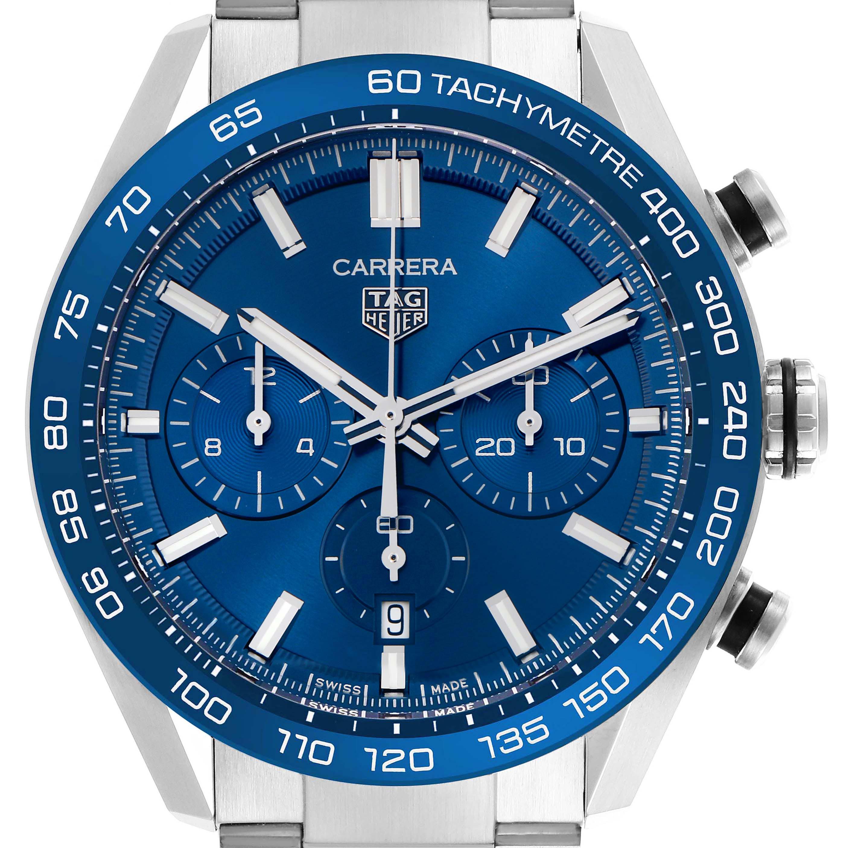 This Tag Heuer Carrera CBN2A1A.BA0643 Men's Stainless Steel Blue Dial CBN2A1A.BA0643 Men's Stainless Steel Blue Dial watch is shown from the front, displaying the dial, subdials, tachymeter, and crown.