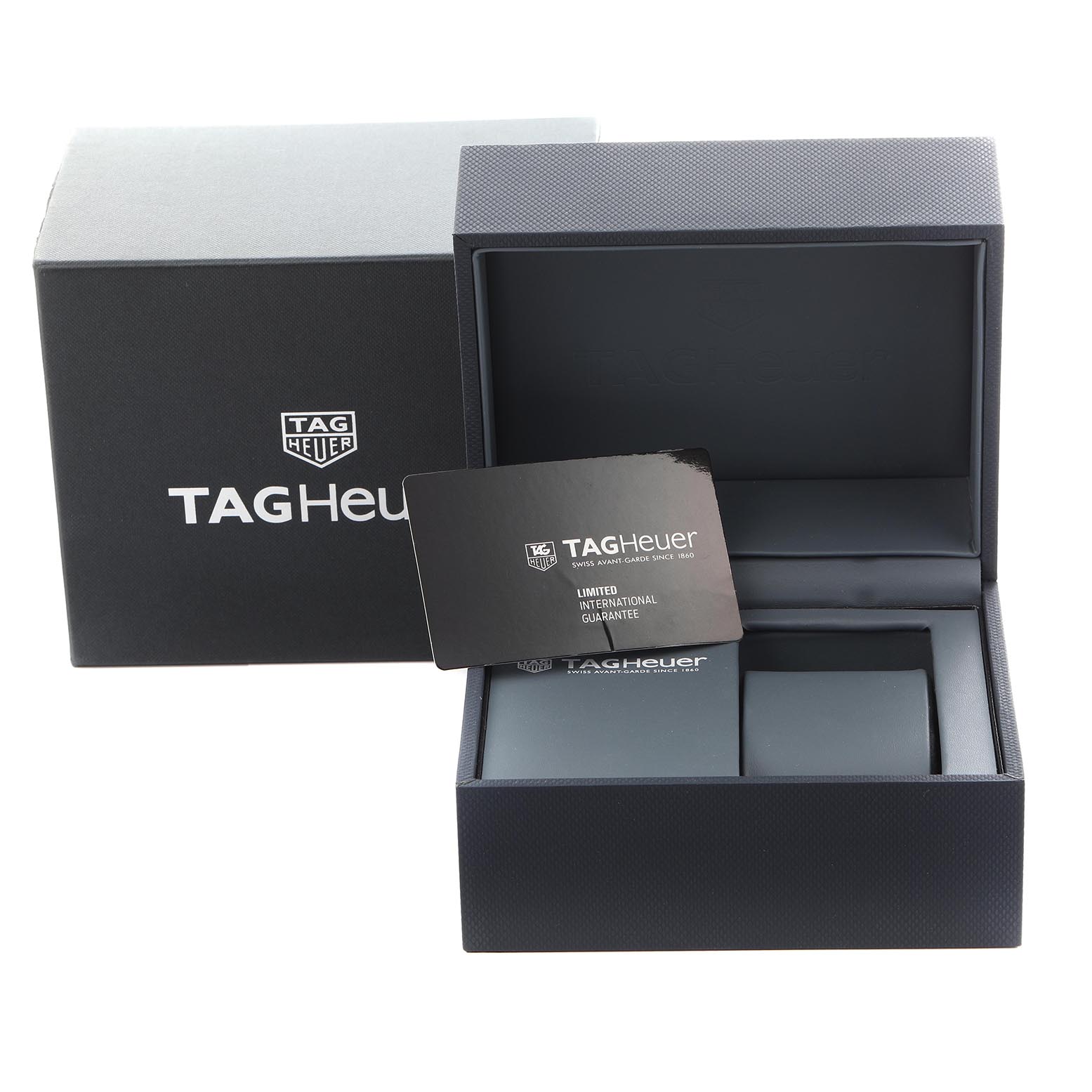 The image shows the Tag Heuer Carrera CBN2A1A.BA0643 Men's Stainless Steel Blue Dial CBN2A1A.BA0643 Men's Stainless Steel Blue Dial watch packaging, including an open box and guarantee card.