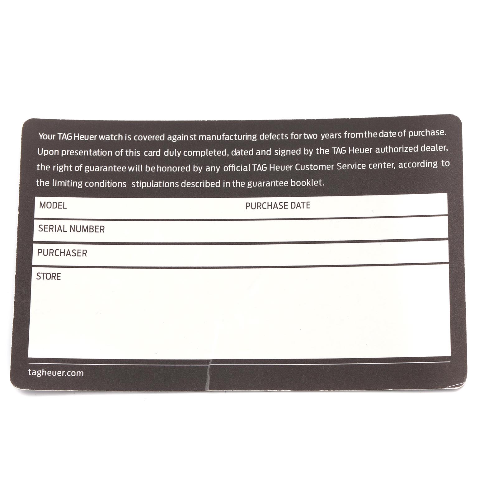 The image shows a Tag Heuer Carrera CBN2A1A.BA0643 Men's Stainless Steel Blue Dial CBN2A1A.BA0643 Men's Stainless Steel Blue Dial warranty card, detailing model, serial number, purchaser, and store sections.