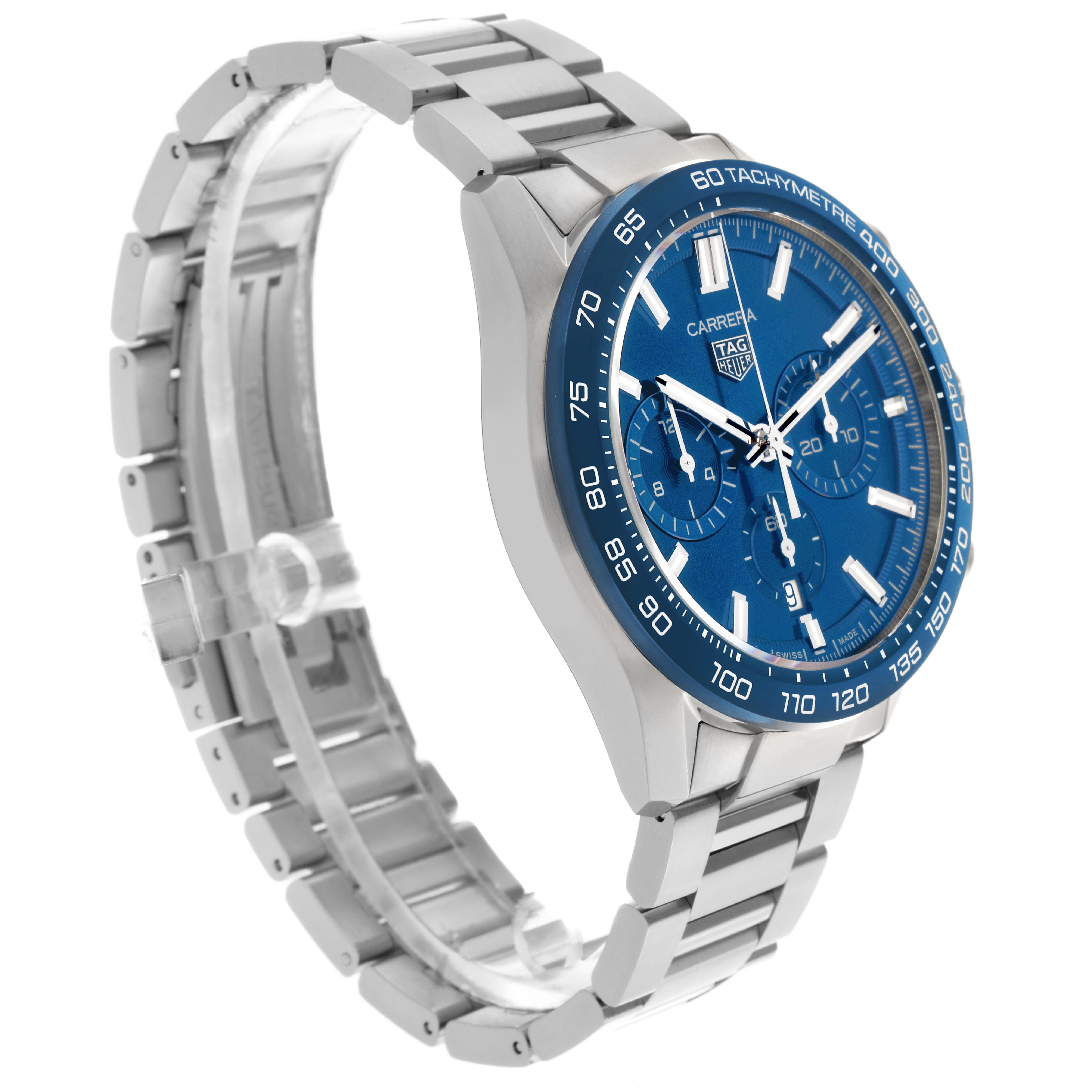 The Tag Heuer Carrera CBN2A1A.BA0643 Men's Stainless Steel Blue Dial CBN2A1A.BA0643 Men's Stainless Steel Blue Dial watch is shown at a three-quarter angle, highlighting the face, bezel, and metal bracelet.