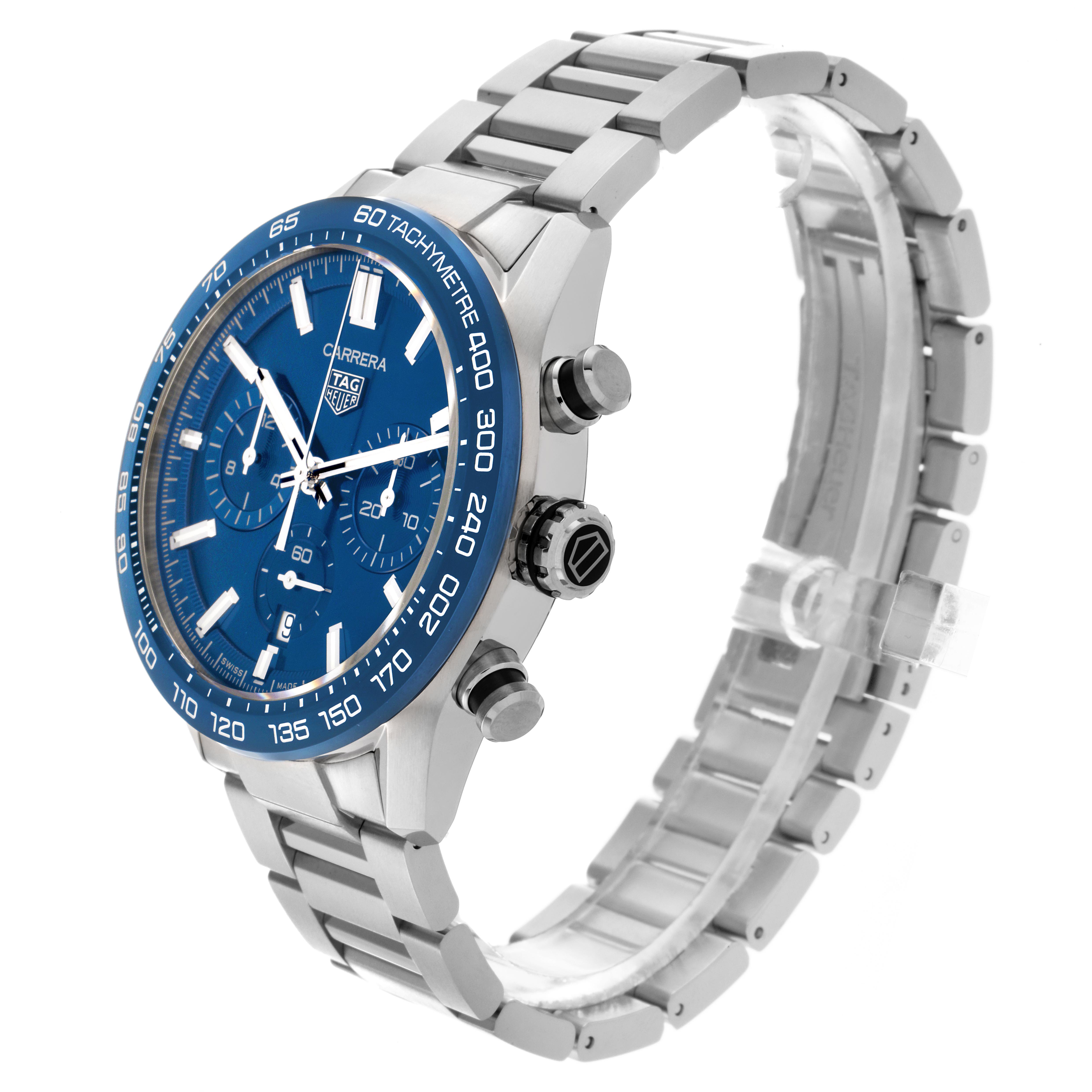 The Tag Heuer Carrera CBN2A1A.BA0643 Men's Stainless Steel Blue Dial CBN2A1A.BA0643 Men's Stainless Steel Blue Dial watch is shown at a slight side angle, displaying the blue dial, bezel, crown, pushers, and metal bracelet.