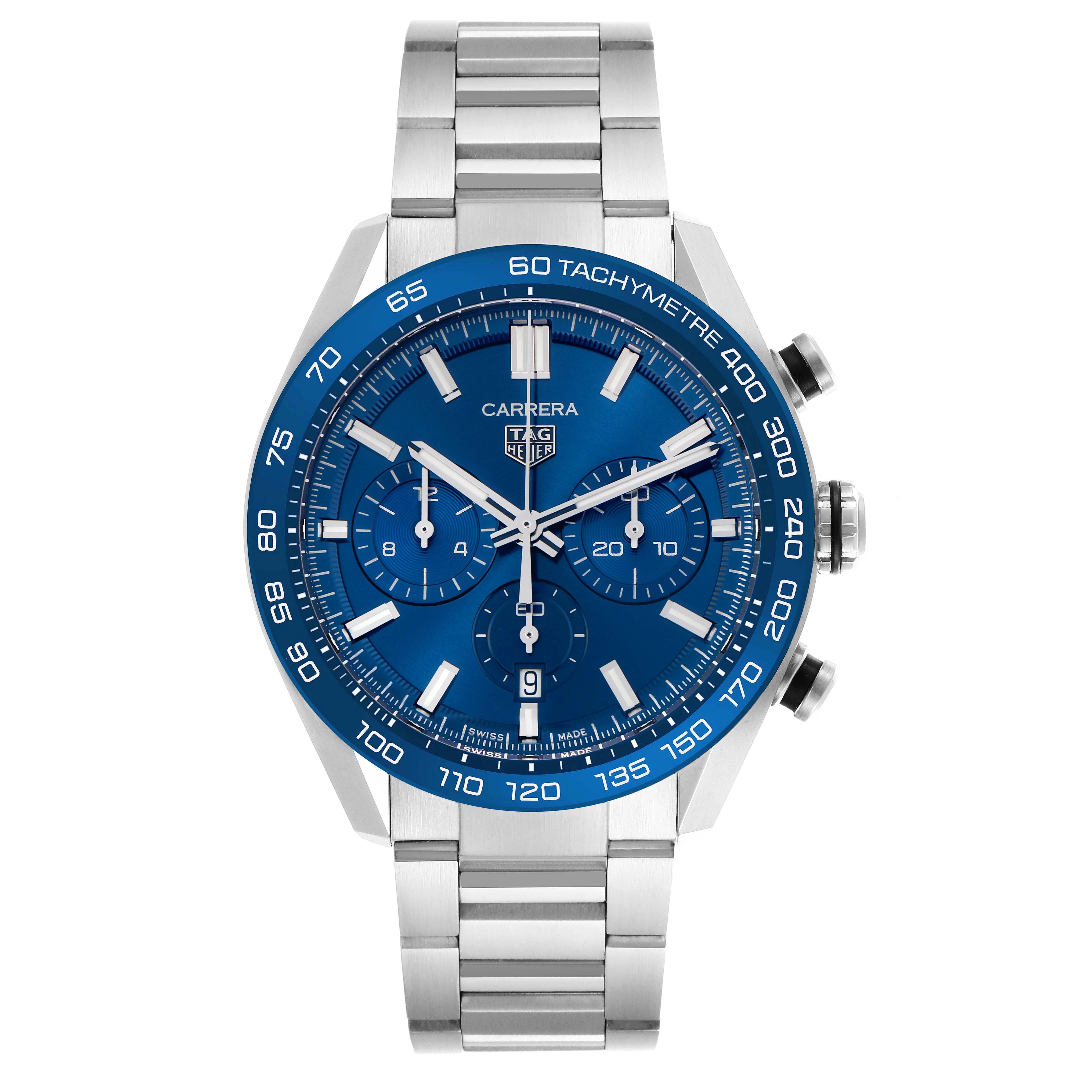 The Tag Heuer Carrera CBN2A1A.BA0643 Men's Stainless Steel Blue Dial CBN2A1A.BA0643 Men's Stainless Steel Blue Dial watch is shown from a front angle, displaying its blue dial, silver hands, tachymeter, and metal bracelet.