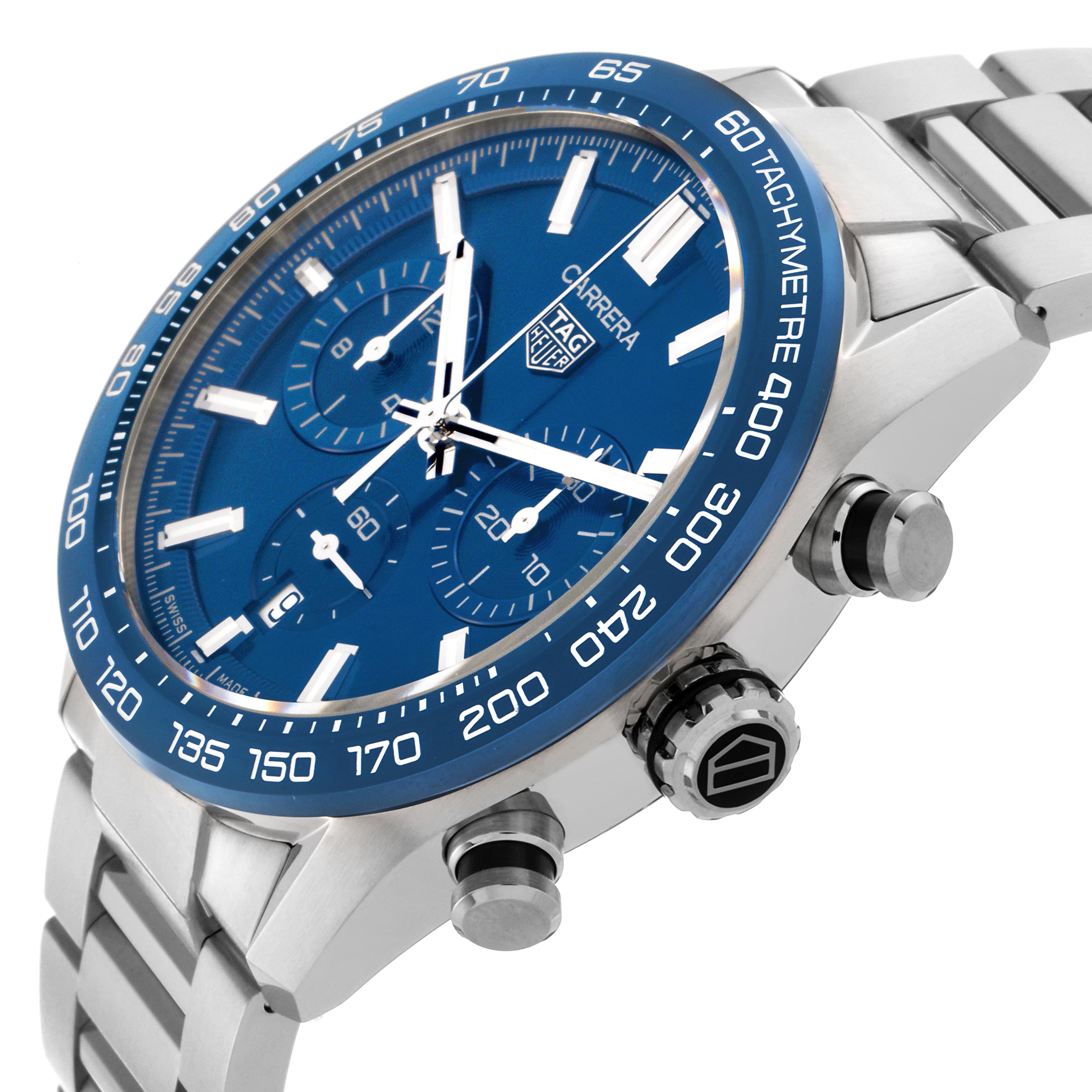 The Tag Heuer Carrera CBN2A1A.BA0643 Men's Stainless Steel Blue Dial CBN2A1A.BA0643 Men's Stainless Steel Blue Dial watch is shown at an angled close-up, highlighting the blue dial, tachymeter bezel, and side pushers.