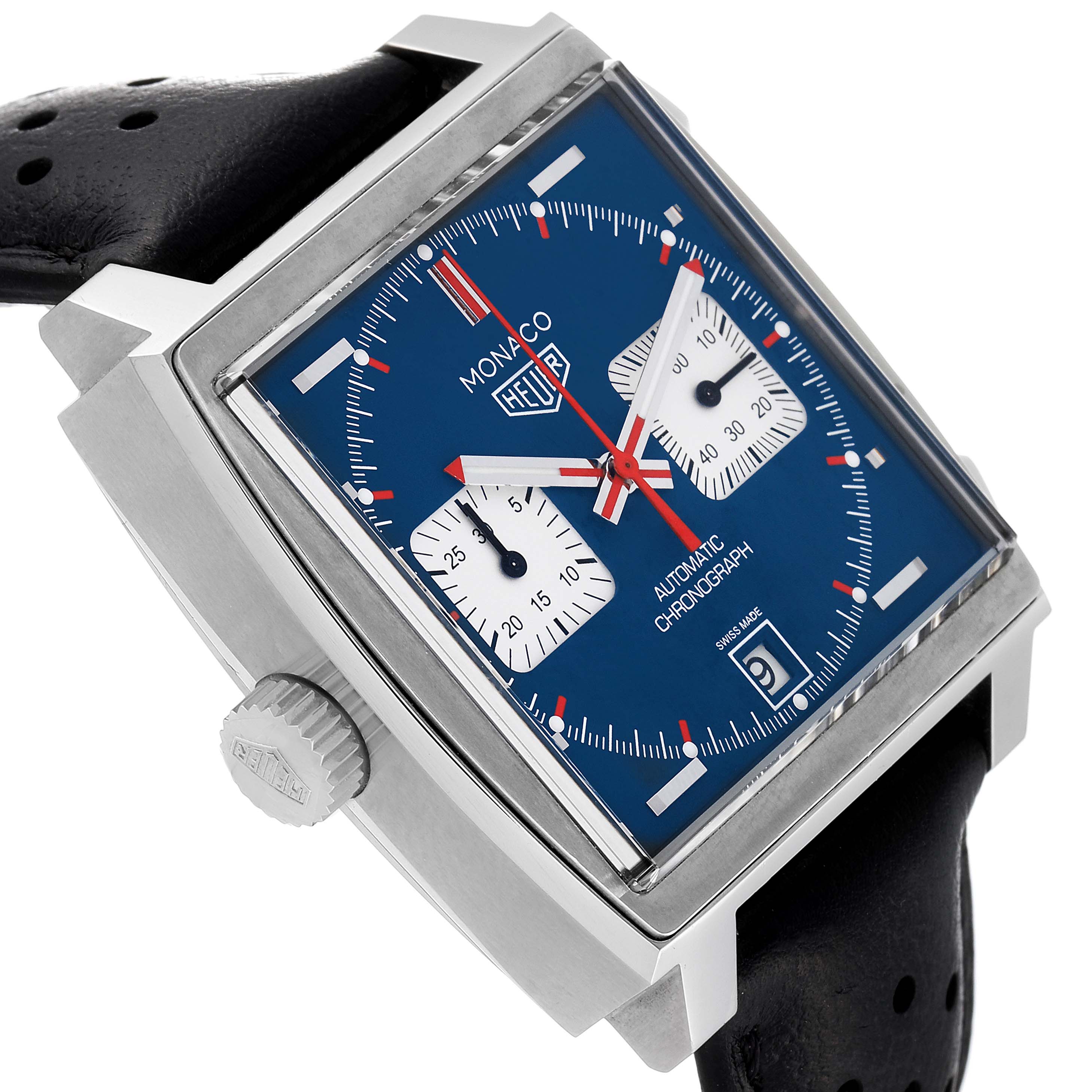 The Tag Heuer Monaco CAW211P.FC6356 Men's Stainless Steel Blue Dial CAW211P.FC6356 Men's Stainless Steel Blue Dial watch is shown at a slight angle, highlighting its square face, crown, sub-dials, and perforated leather strap.