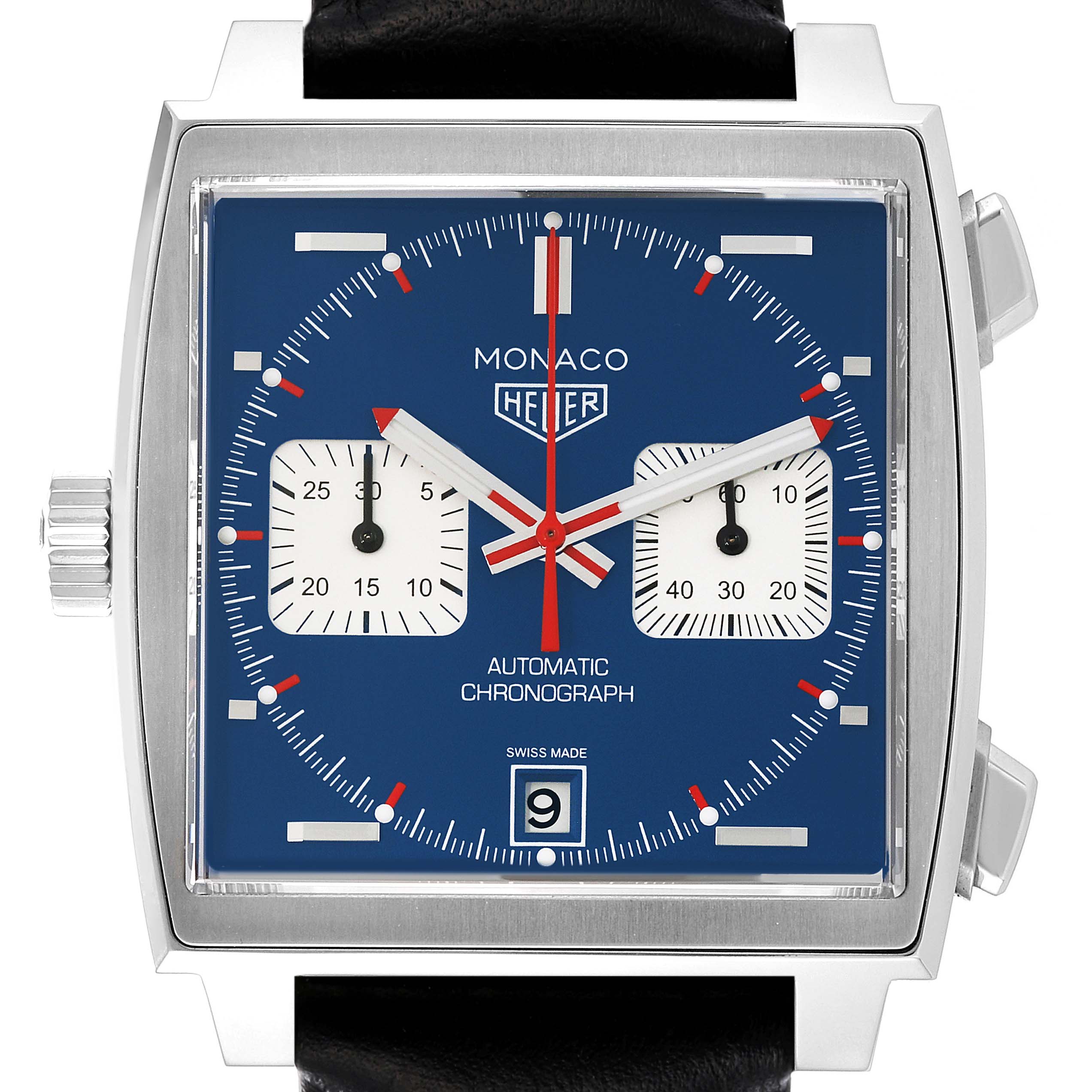 This image shows the face of a Tag Heuer Monaco CAW211P.FC6356 Men's Stainless Steel Blue Dial CAW211P.FC6356 Men's Stainless Steel Blue Dial watch straight on, highlighting the dial, hands, and chronograph features.