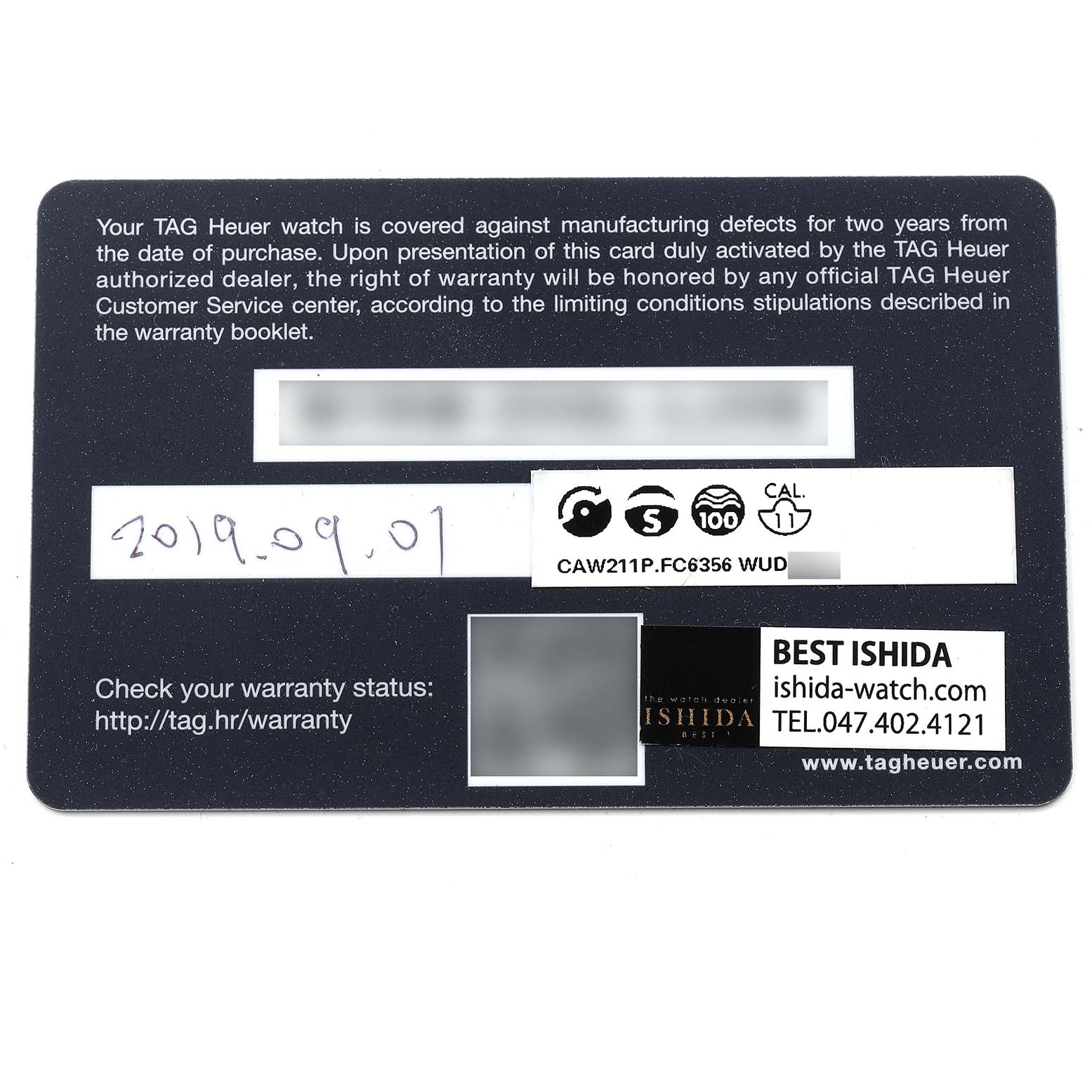 This is a warranty card for the Tag Heuer Monaco CAW211P.FC6356 Men's Stainless Steel Blue Dial CAW211P.FC6356 Men's Stainless Steel Blue Dial model, showing details about the warranty and authorized dealer information.