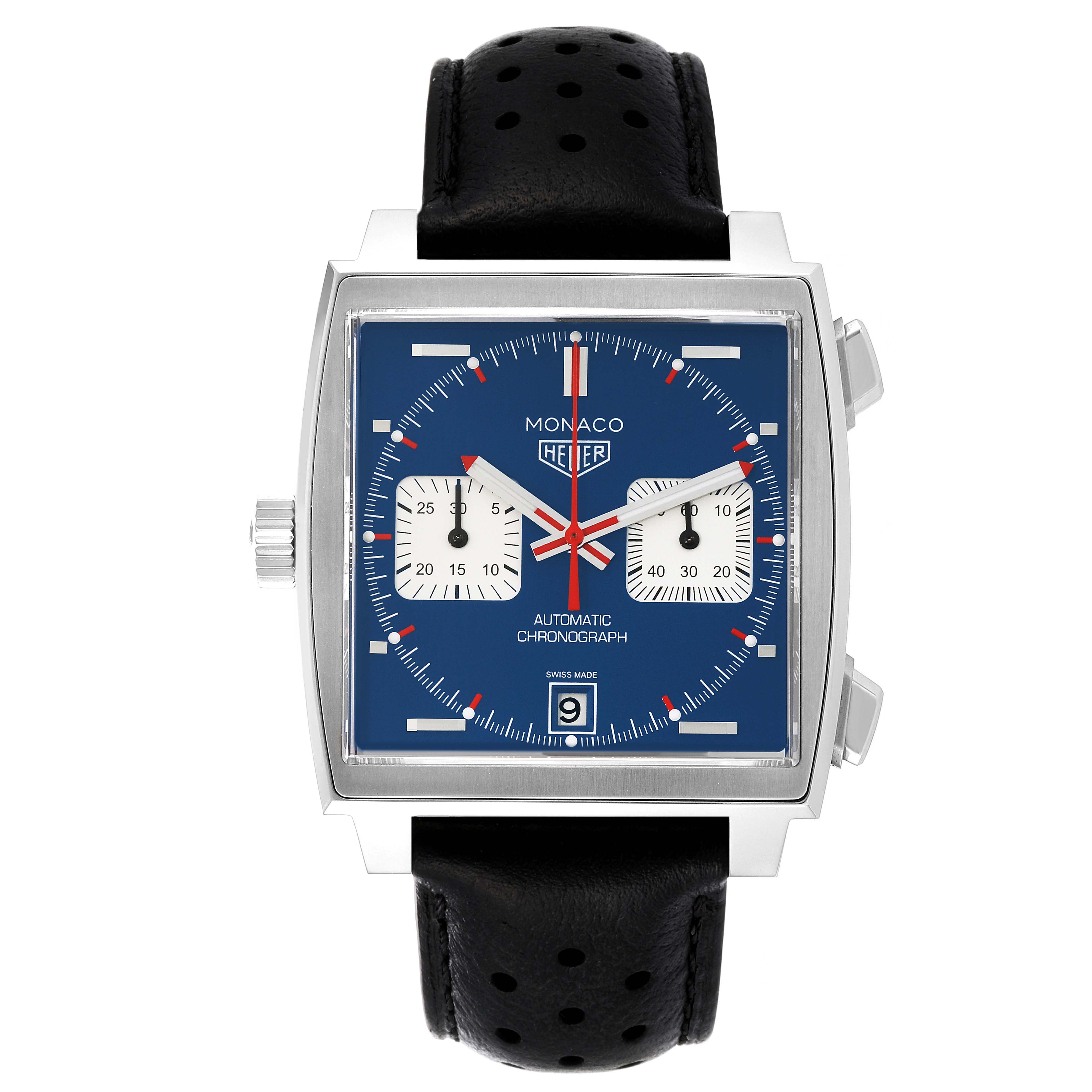 The image shows a front view of the Tag Heuer Monaco CAW211P.FC6356 Men's Stainless Steel Blue Dial CAW211P.FC6356 Men's Stainless Steel Blue Dial watch, featuring a blue dial, two subdials, and a black perforated leather strap.