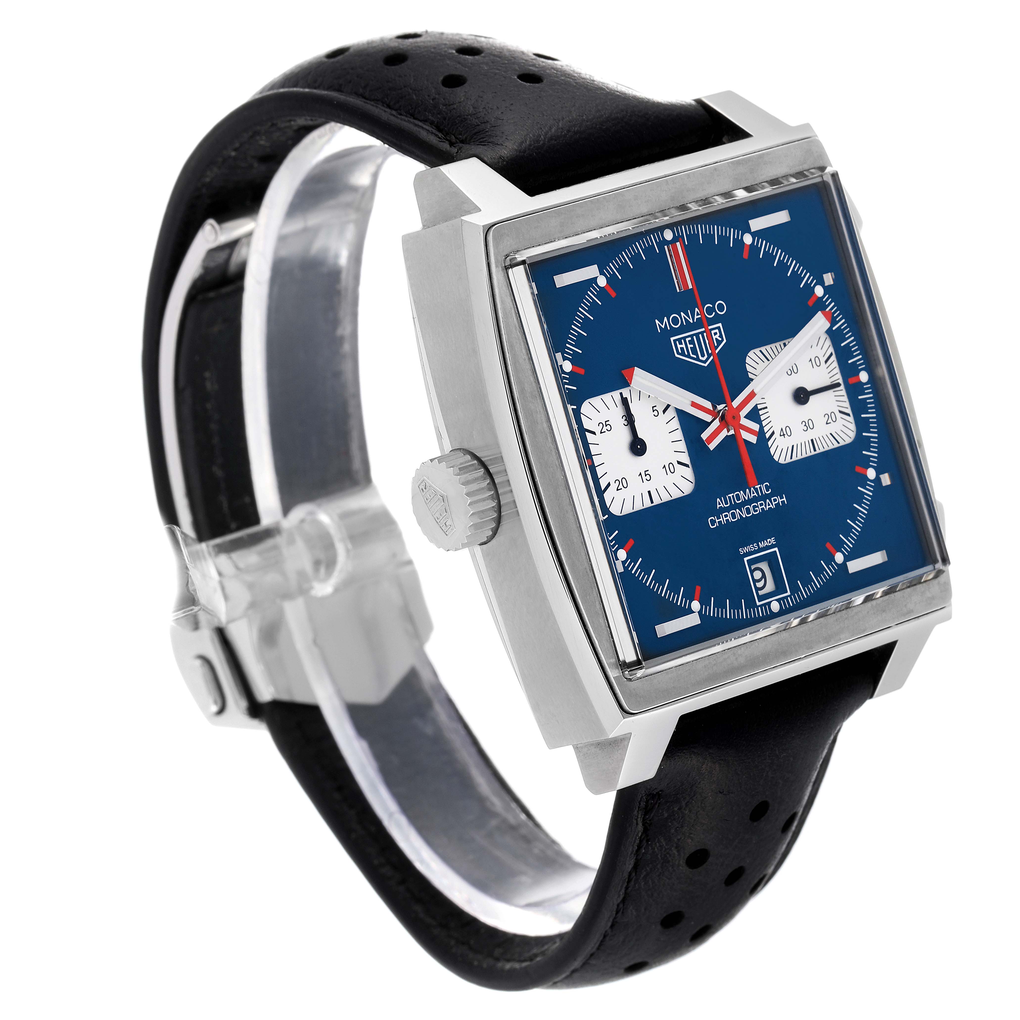 The image shows a side angle of a Tag Heuer Monaco CAW211P.FC6356 Men's Stainless Steel Blue Dial CAW211P.FC6356 Men's Stainless Steel Blue Dial watch, highlighting its blue dial, chronograph sub-dials, and perforated black strap.