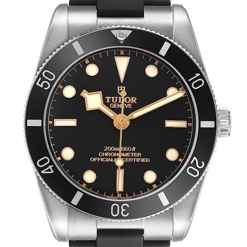 The Tudor Heritage Black Bay M79000N-0002 Men's Stainless Steel Black Dial watch is shown from a front angle, highlighting its dial, bezel, and crown.