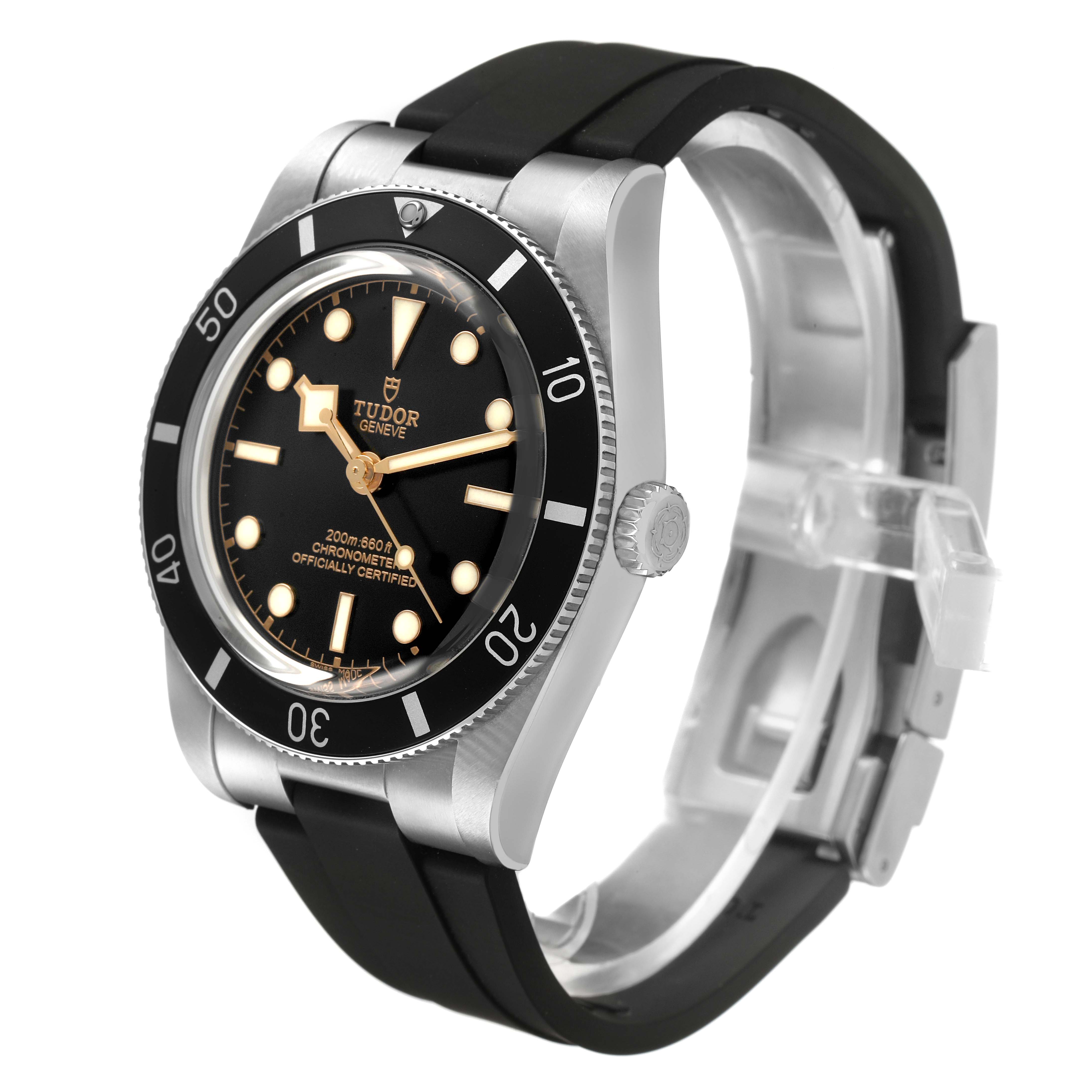 The Tudor Heritage Black Bay M79000N-0002 Men's Stainless Steel Black Dial watch is shown at a three-quarter angle, highlighting the bezel, dial, and rubber strap.