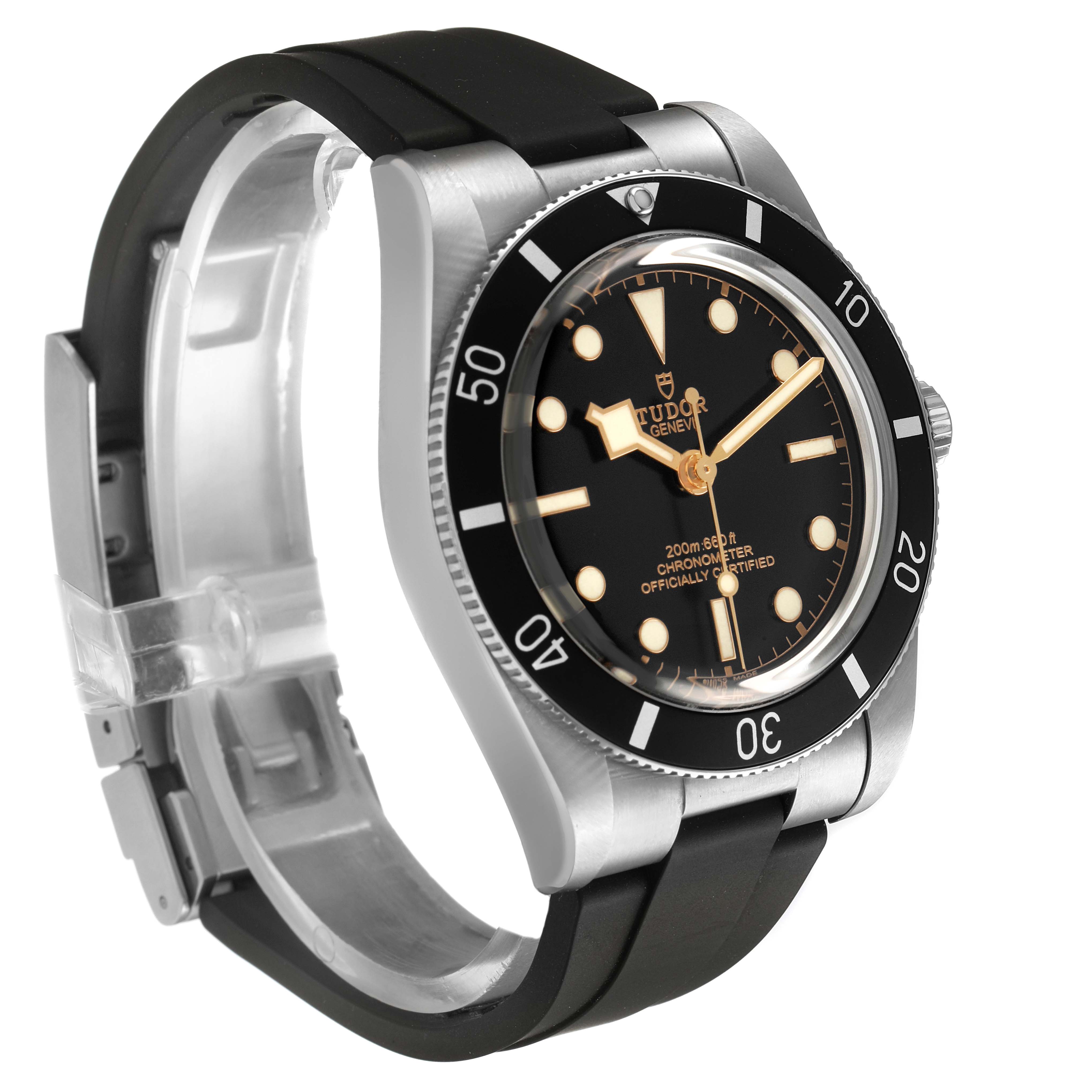 The Tudor Heritage Black Bay M79000N-0002 Men's Stainless Steel Black Dial watch is shown at a three-quarter angle, displaying the bezel, face, and rubber strap.
