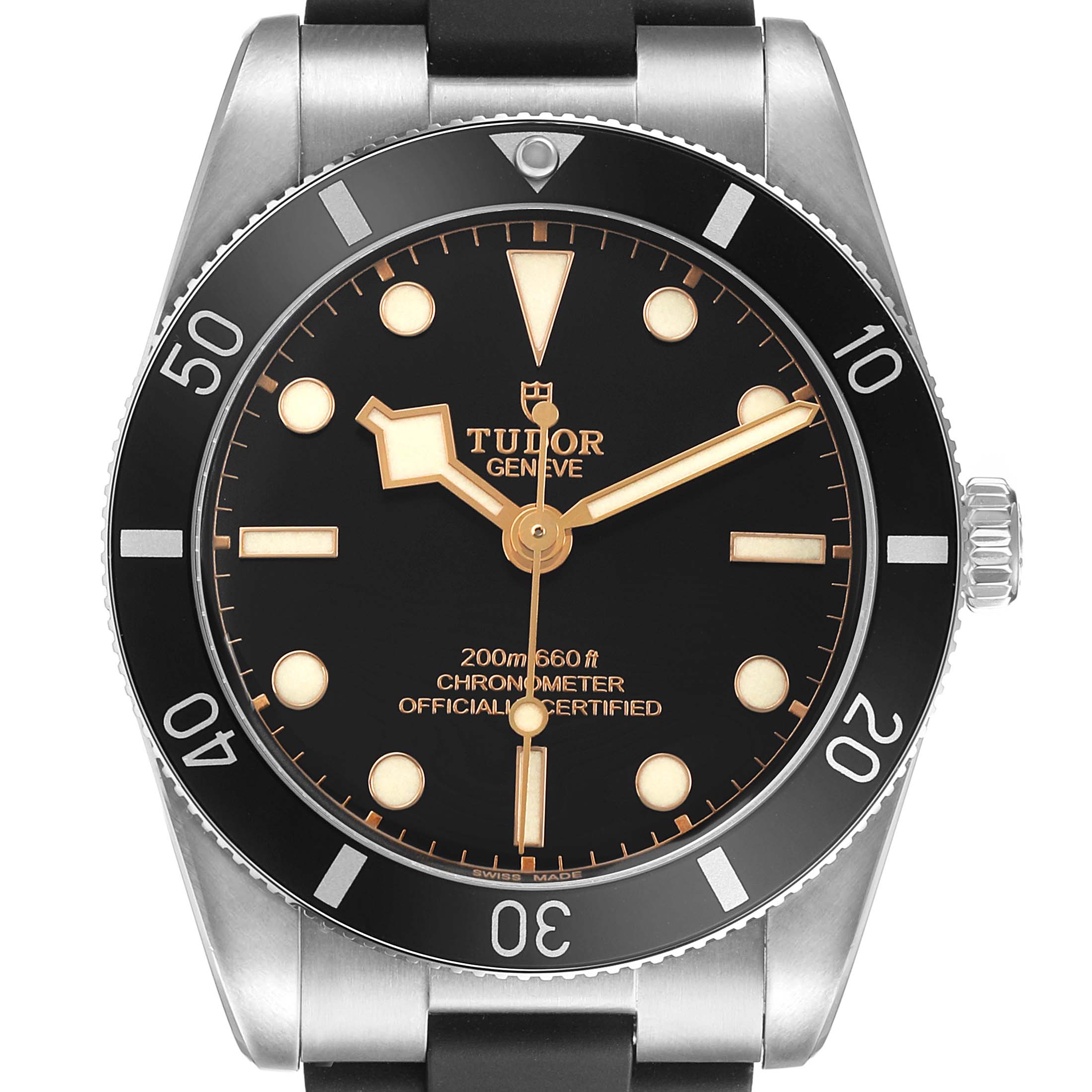 The Tudor Heritage Black Bay M79000N-0002 Men's Stainless Steel Black Dial watch is shown from the front, highlighting the dial, bezel, and crown.