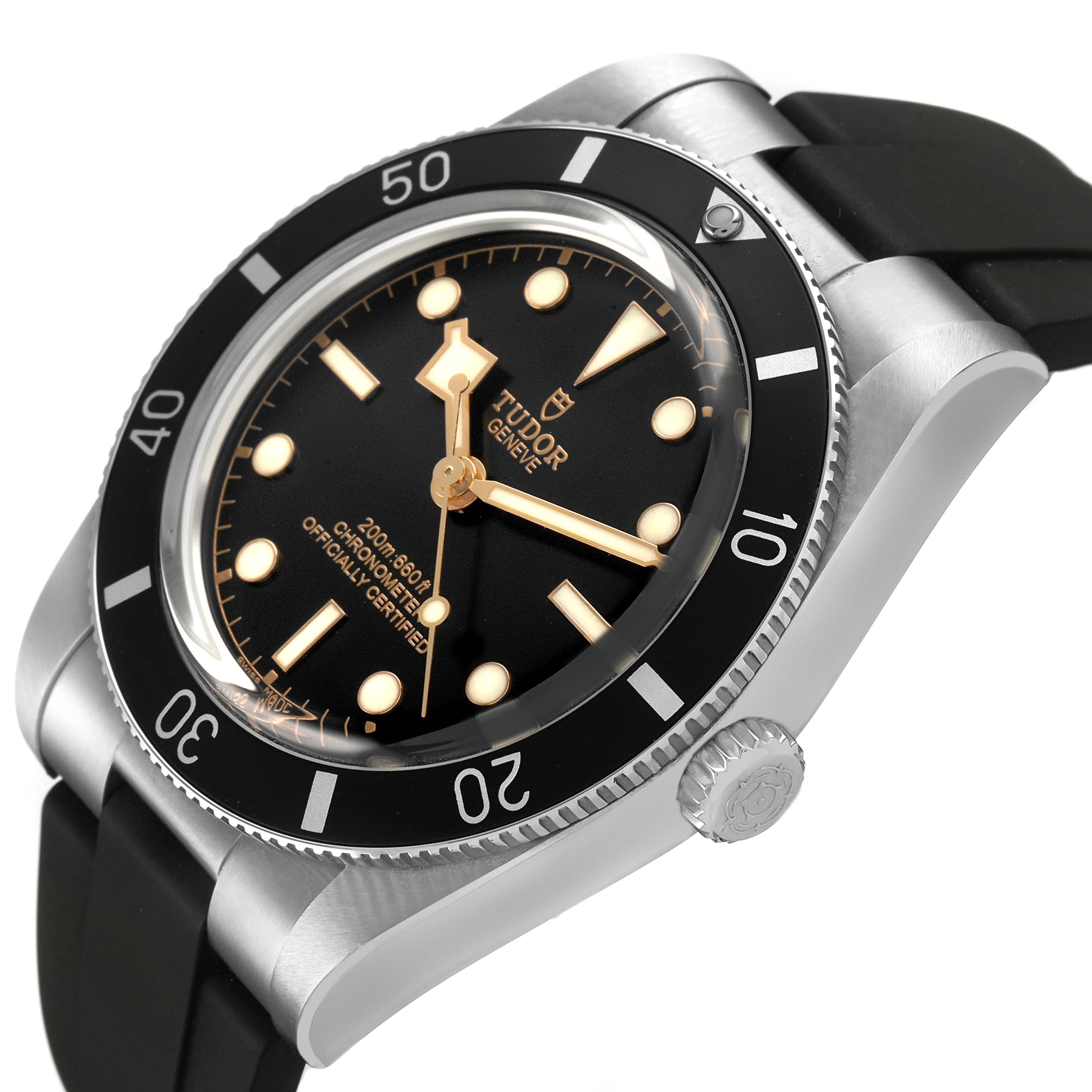 The Tudor Heritage Black Bay M79000N-0002 Men's Stainless Steel Black Dial watch is shown at an angle highlighting the dial, bezel, crown, and black strap.