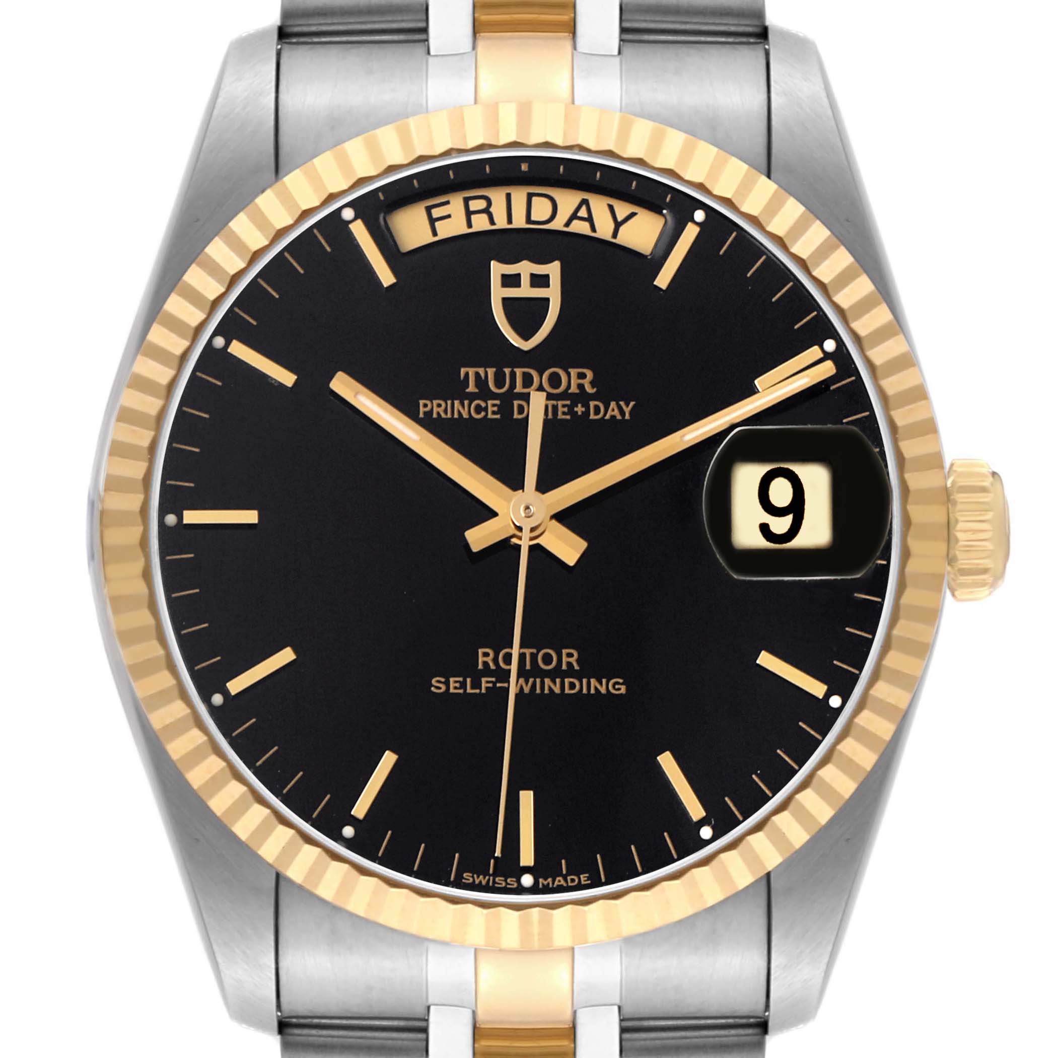 The Tudor Prince M76213 Men's Steel and Gold (two tone) Black Dial watch is shown from the front, displaying its dial, bezel, and part of the bracelet.