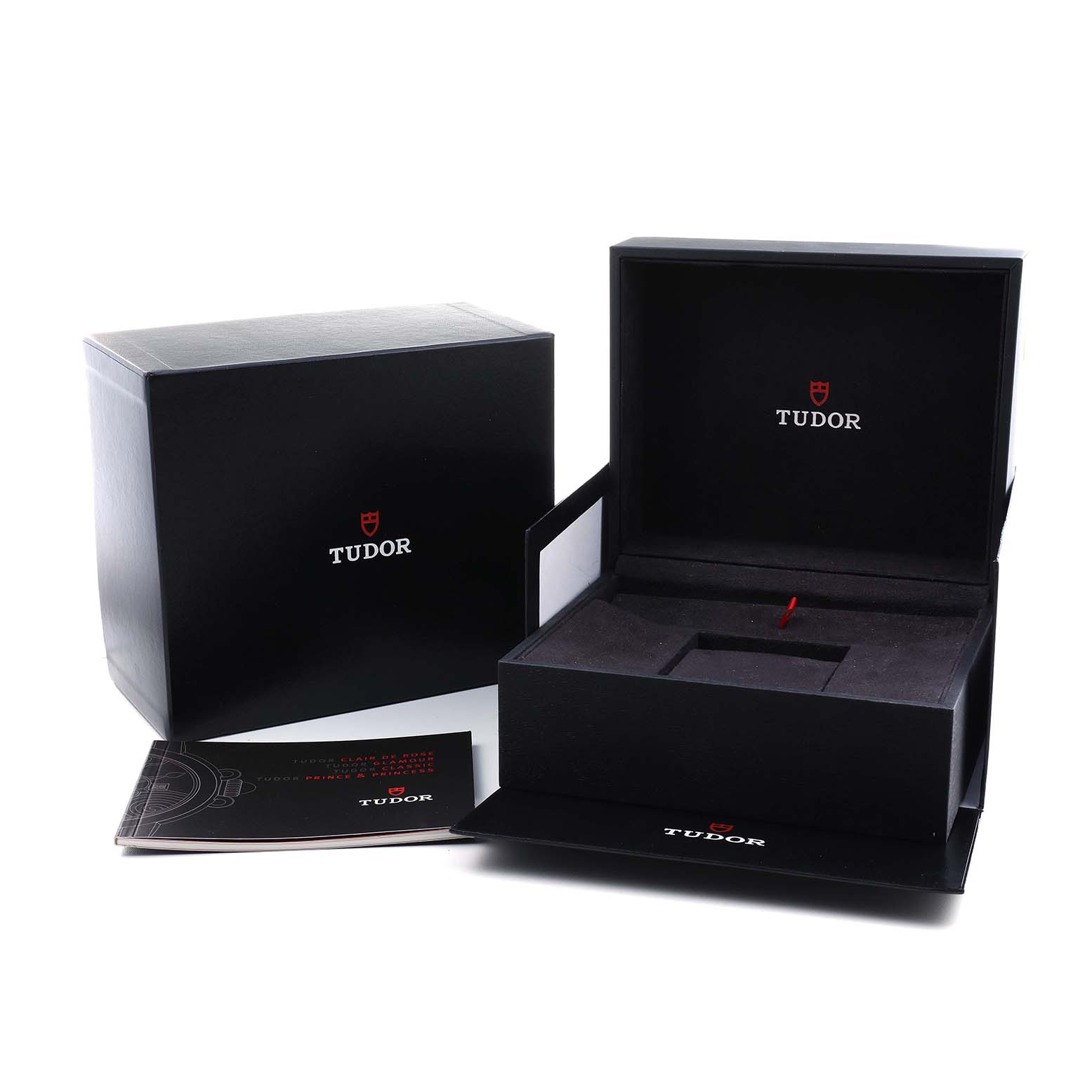 The image shows the Tudor Prince M76213 Men's Steel and Gold (two tone) Black Dial model watch packaging with an open box, an outer box, and accompanying manuals.