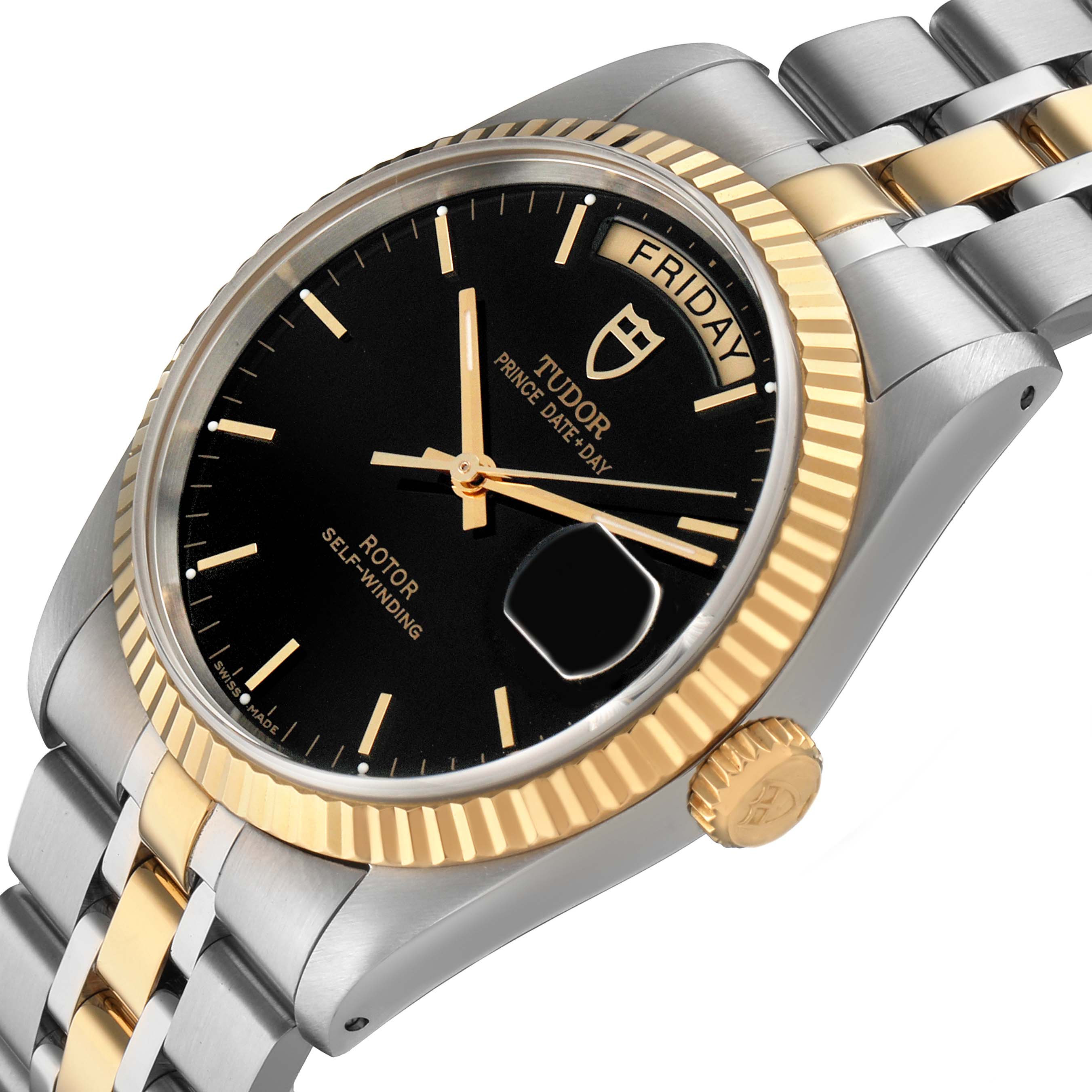 The Tudor Prince M76213 Men's Steel and Gold (two tone) Black Dial model watch is shown at an angled close-up, highlighting its black dial, gold bezel, and two-tone bracelet.