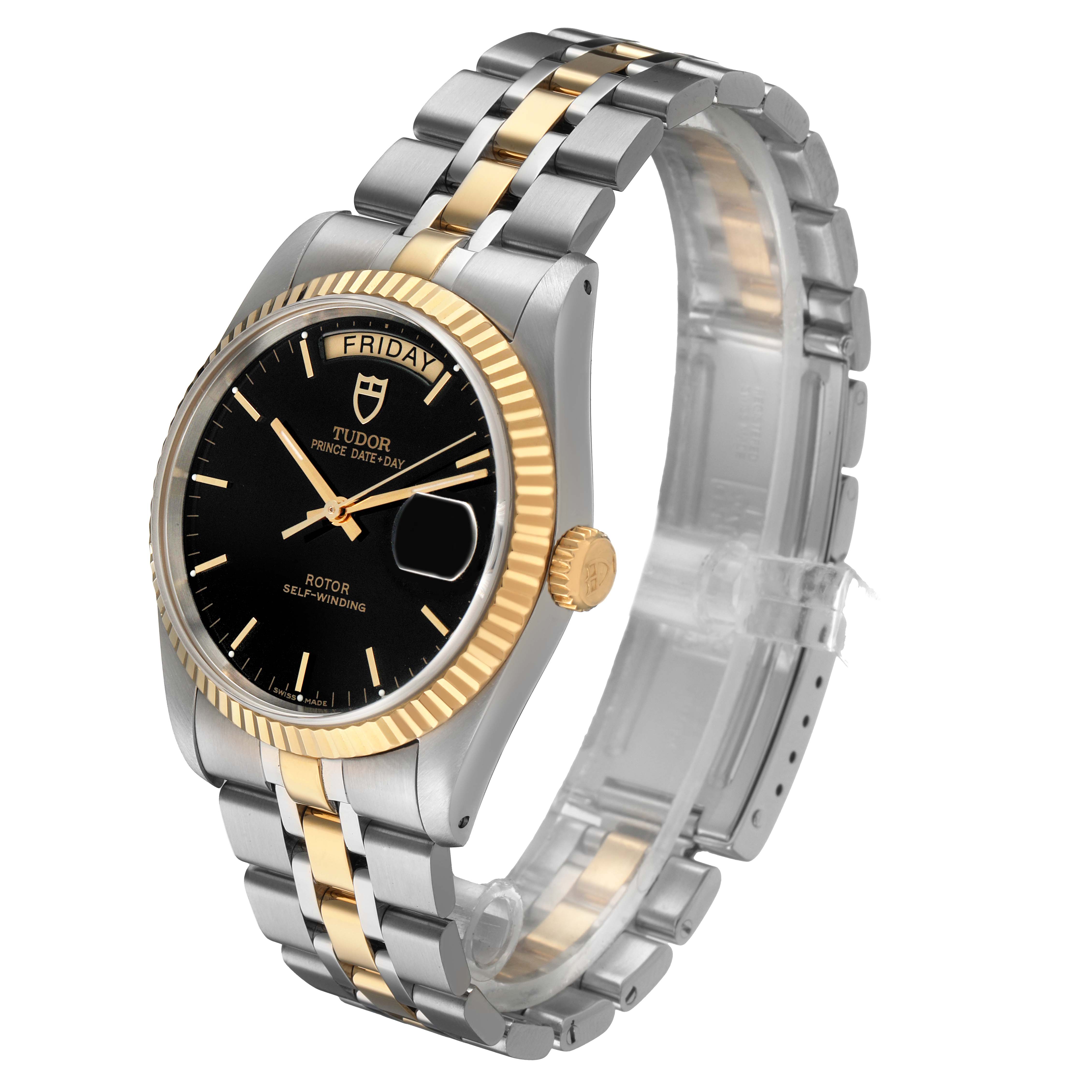 The Tudor Prince M76213 Men's Steel and Gold (two tone) Black Dial model is shown at a 3/4 angle, highlighting its dual-tone bracelet, black dial, and gold fluted bezel.