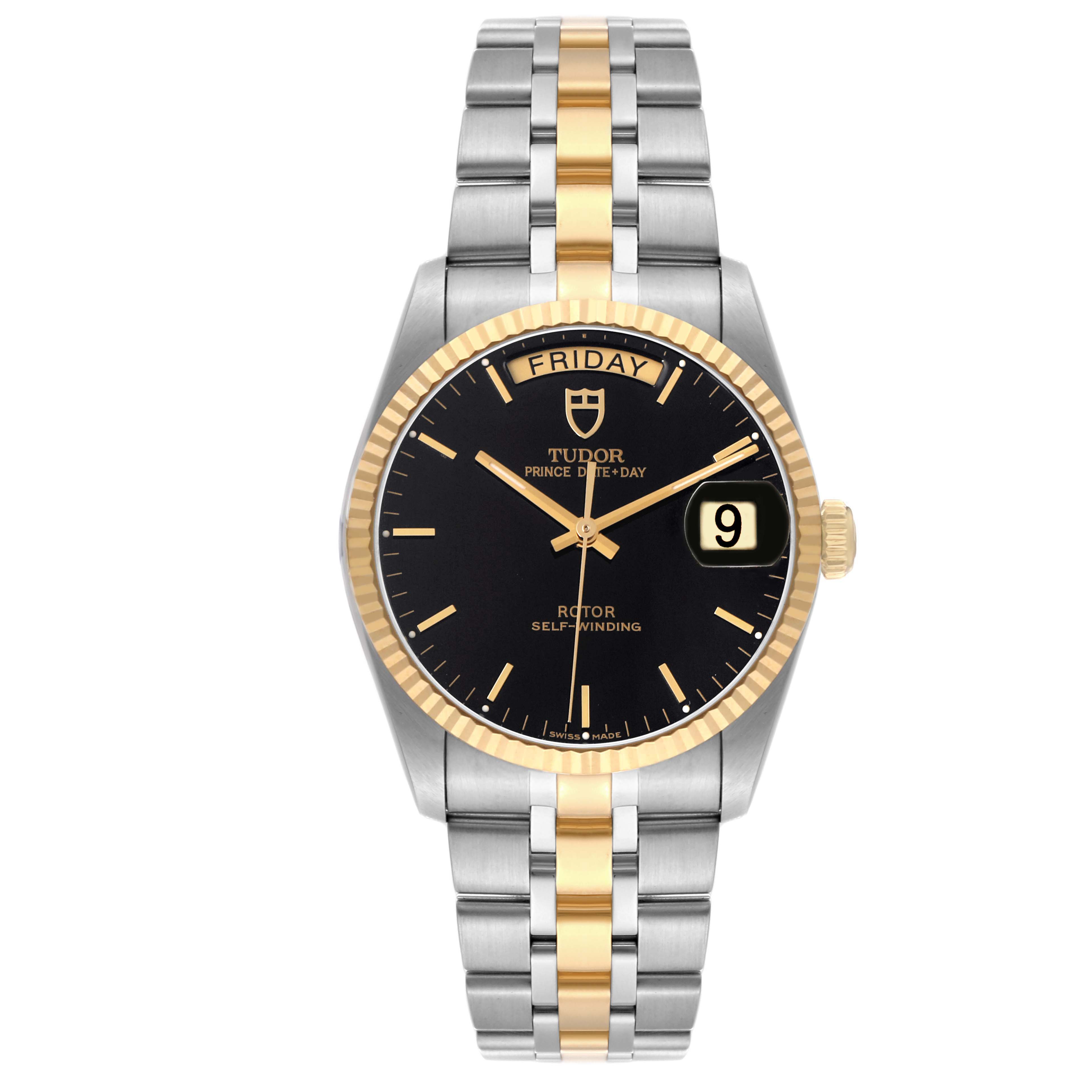 The Tudor Prince M76213 Men's Steel and Gold (two tone) Black Dial watch is shown from a front angle, displaying its dial, bezel, and bracelet.