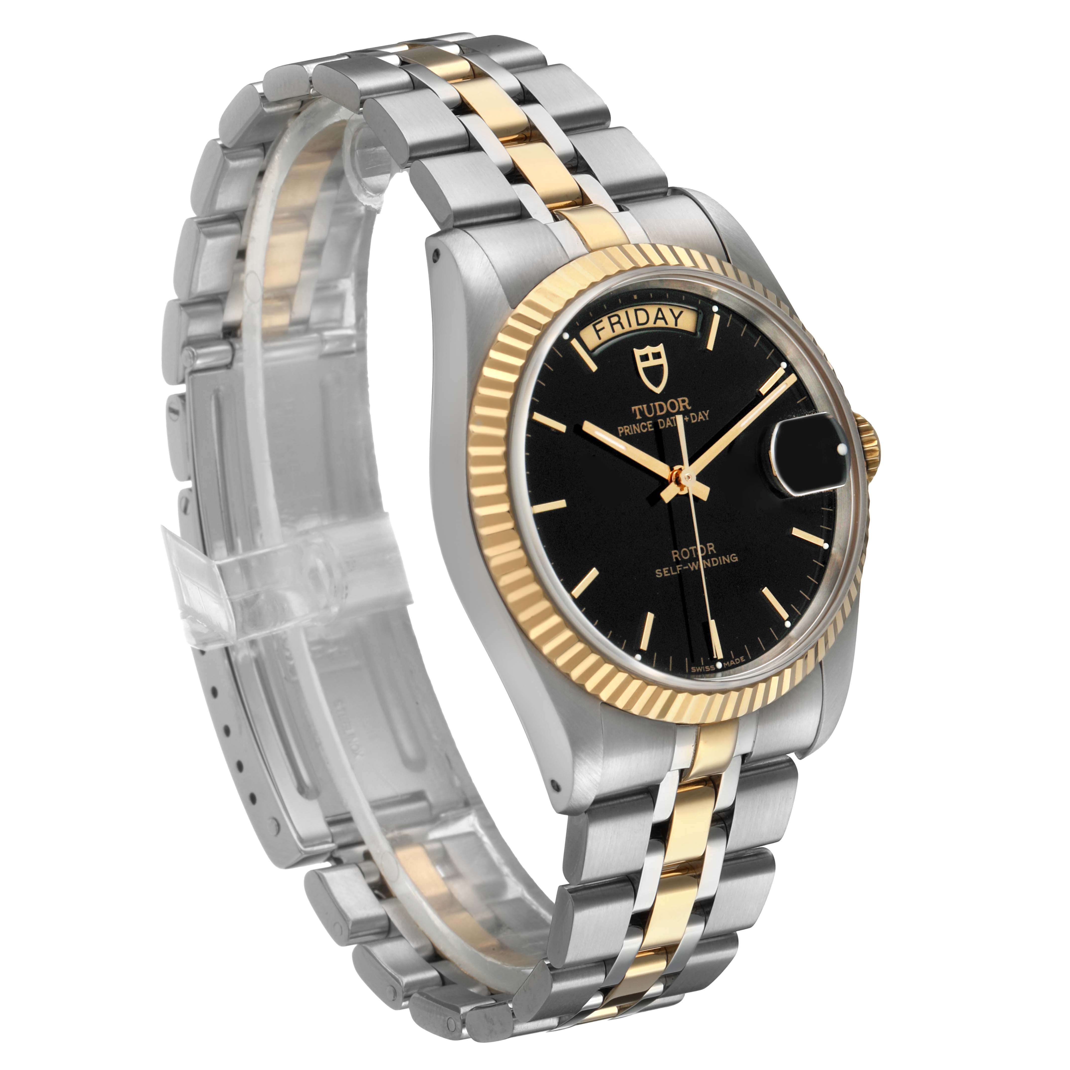 The Tudor Prince M76213 Men's Steel and Gold (two tone) Black Dial watch is shown at a three-quarter angle, highlighting its two-tone bracelet, fluted bezel, and black dial.